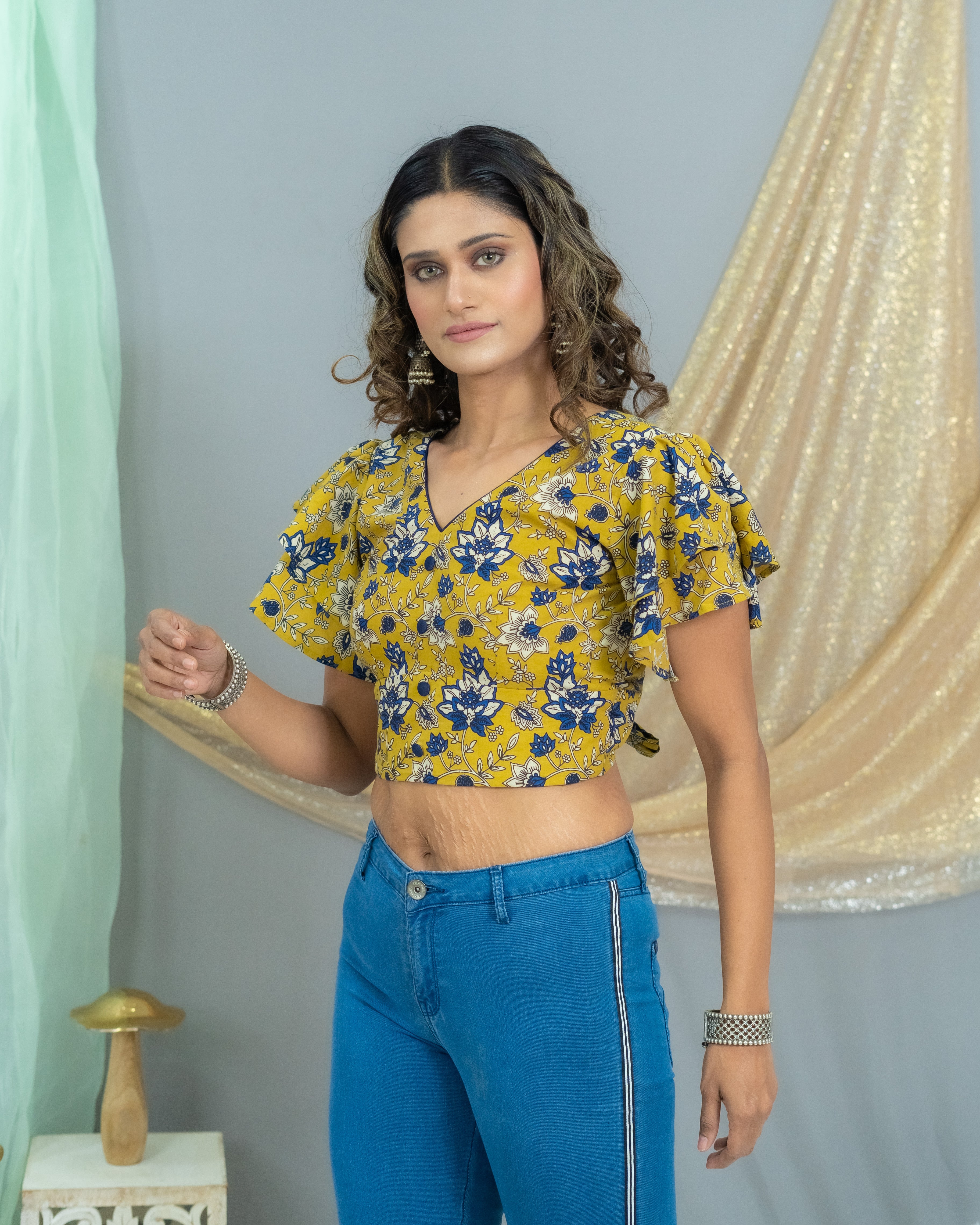 Mustard Kalamkari Bagru Handblock Printed cotton CropTop