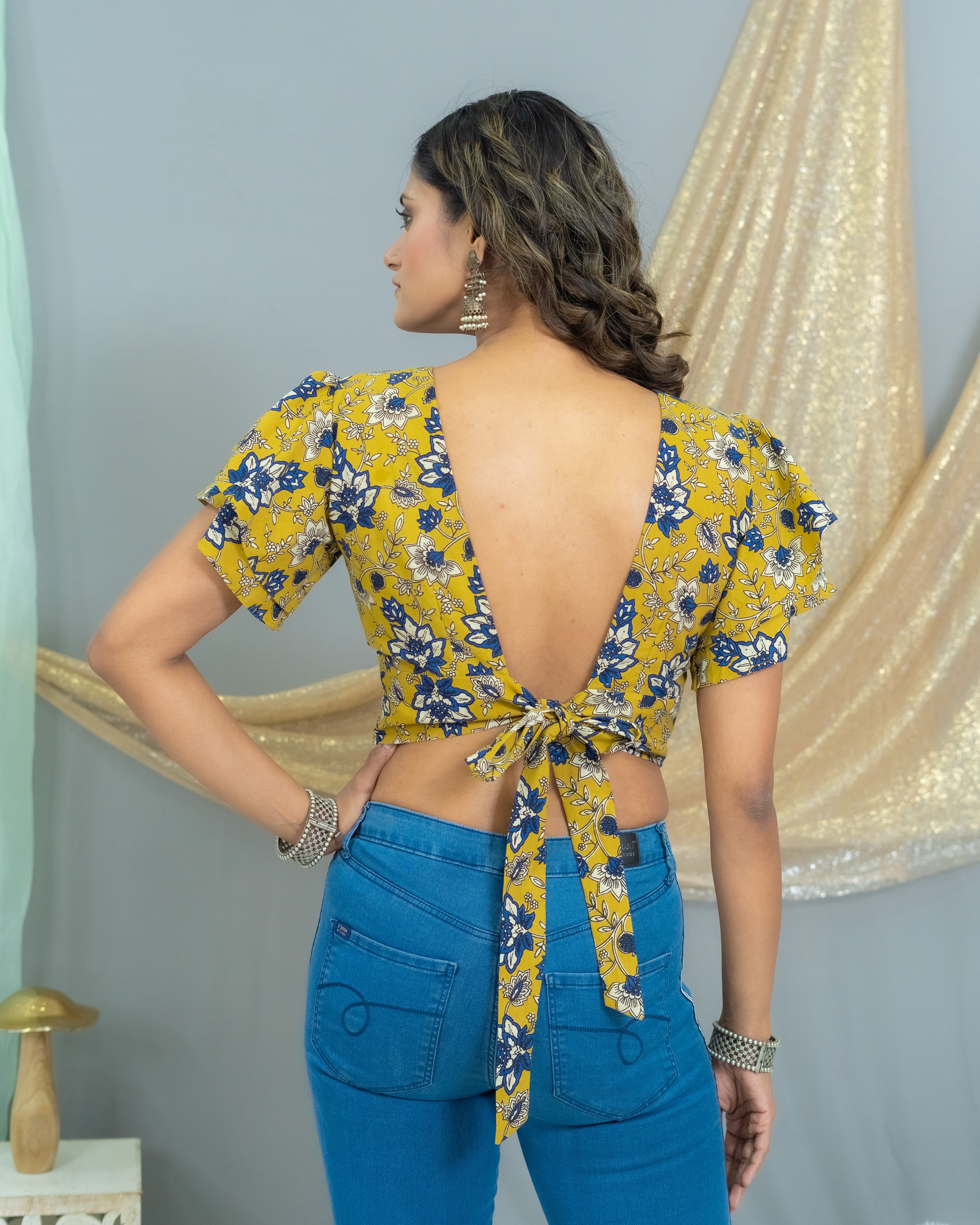 Mustard Kalamkari Bagru Handblock Printed cotton CropTop