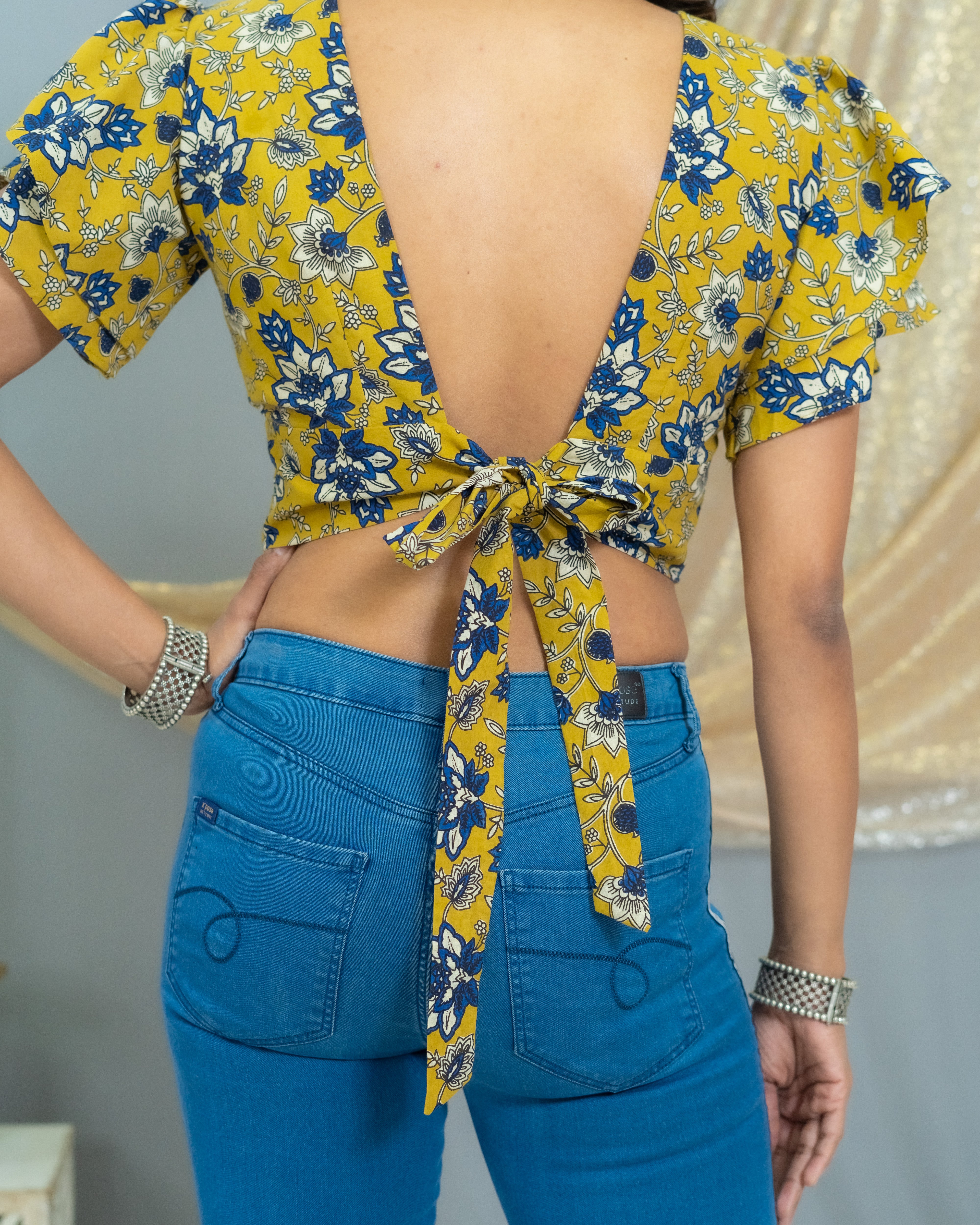 Mustard Kalamkari Bagru Handblock Printed cotton CropTop