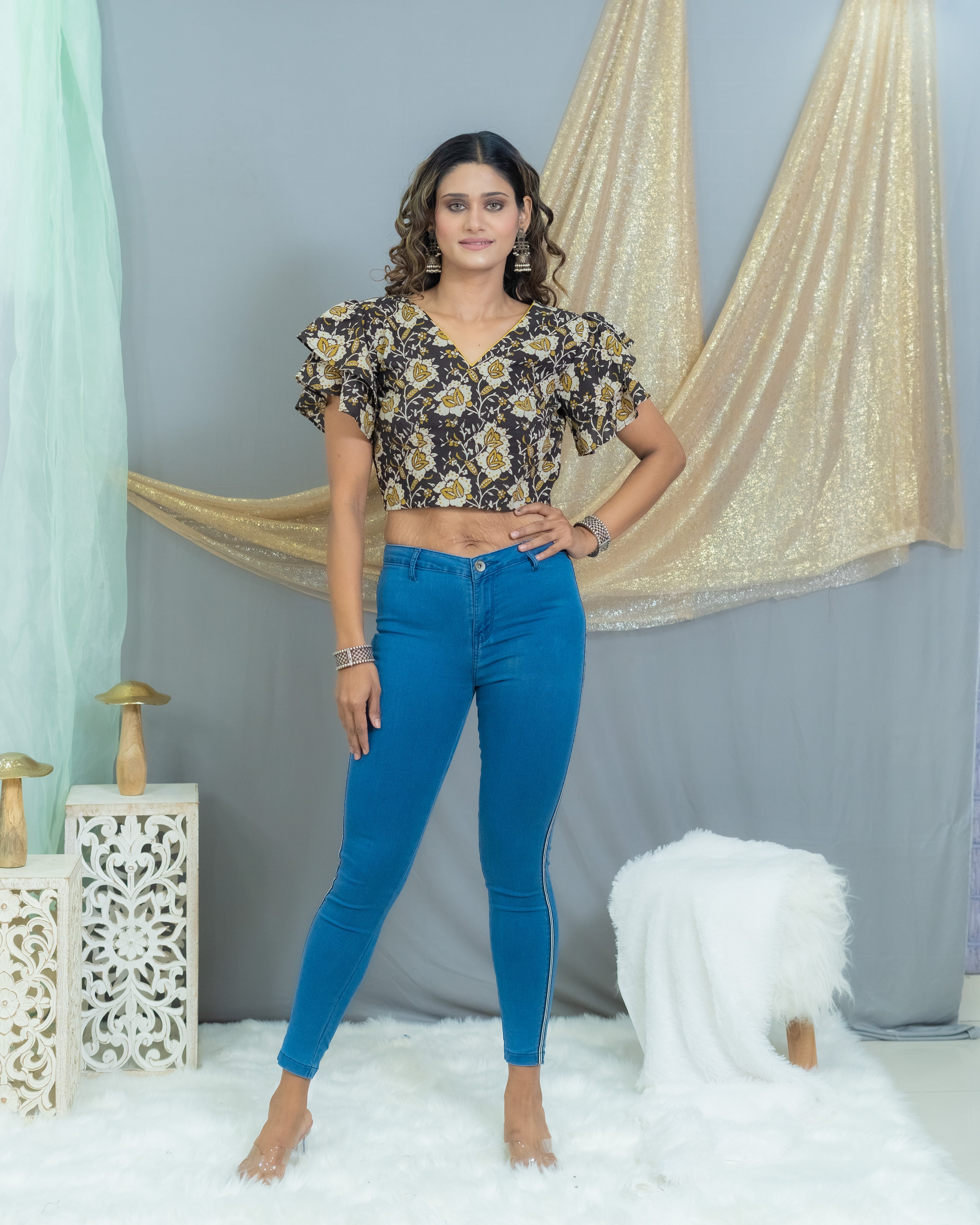 Black and mustard kalamkari bagru handblock printed cotton crop top