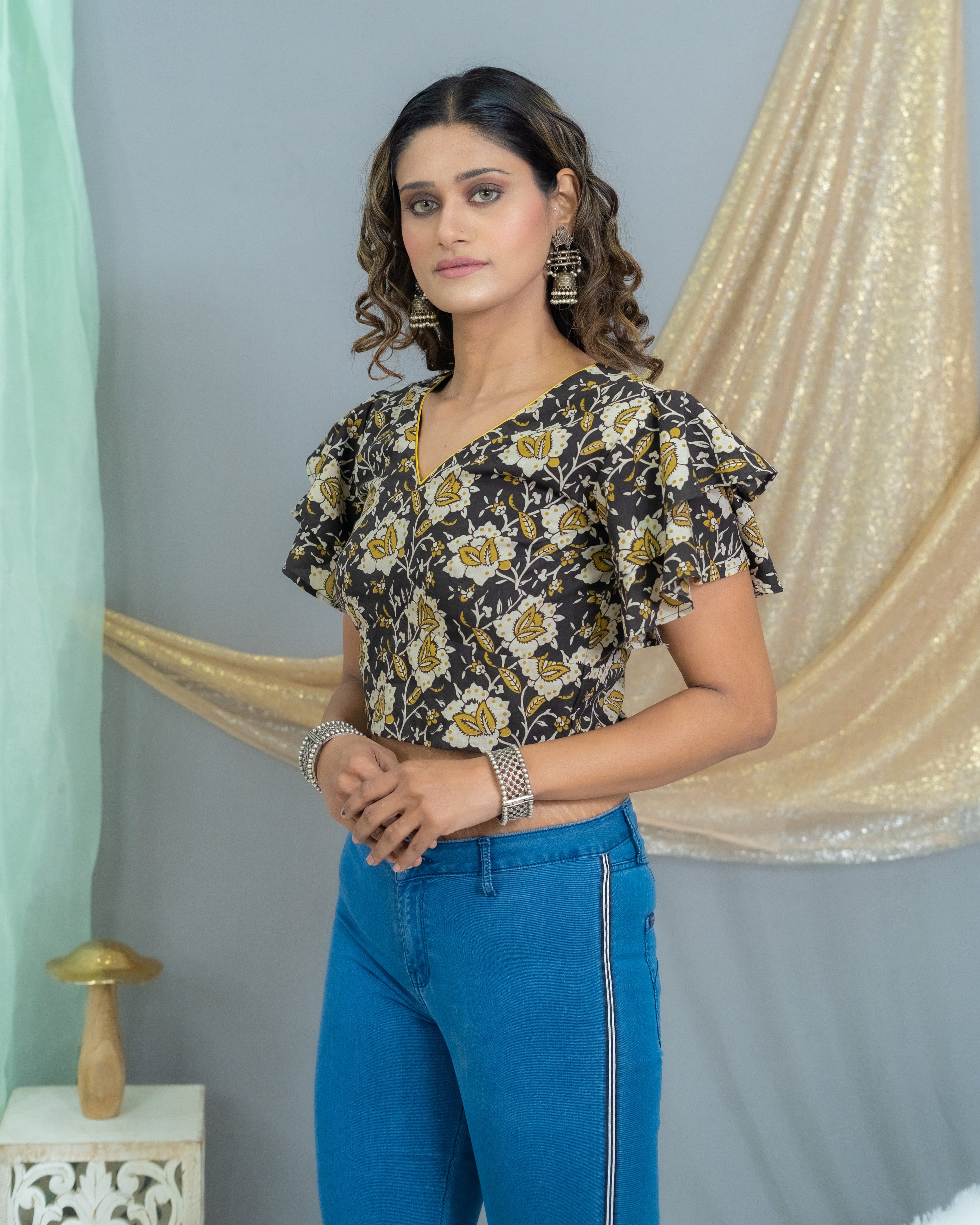 Black and mustard kalamkari bagru handblock printed cotton crop top