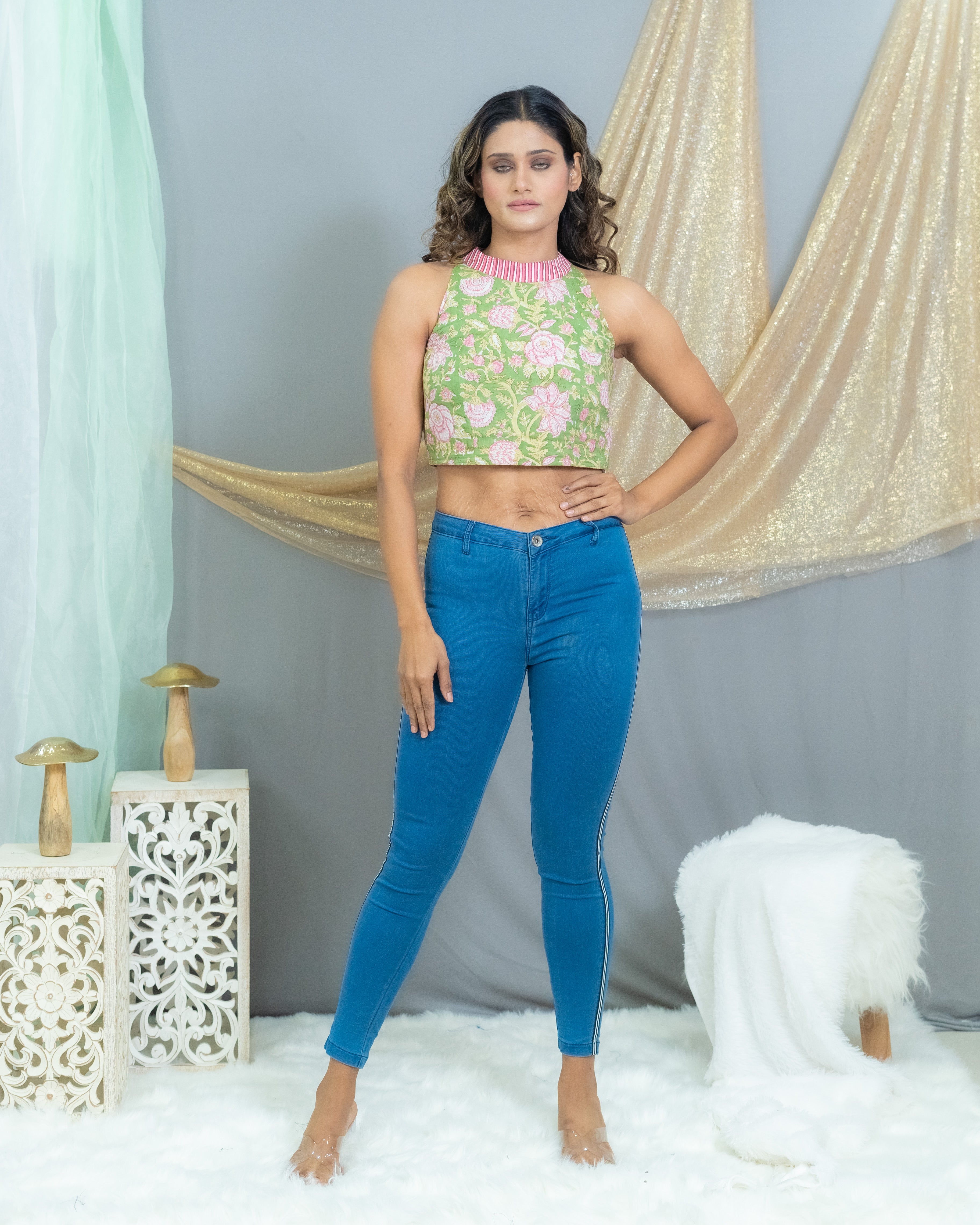 Green sanganeri handblock printed cotton crop top with pink stripe halter neck
