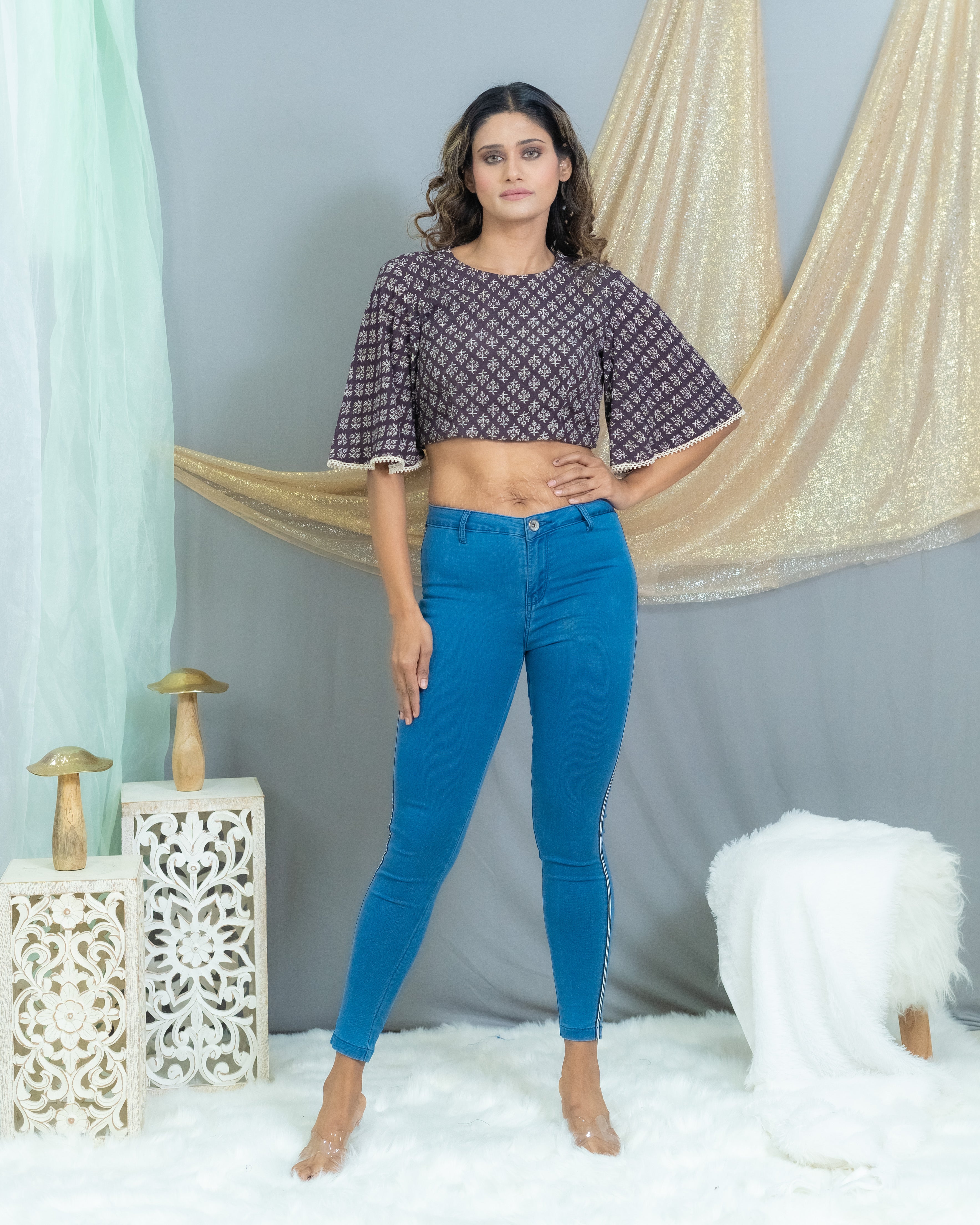 Black Bagru Handblock Printed Modal Cotton Crop Cotton Top