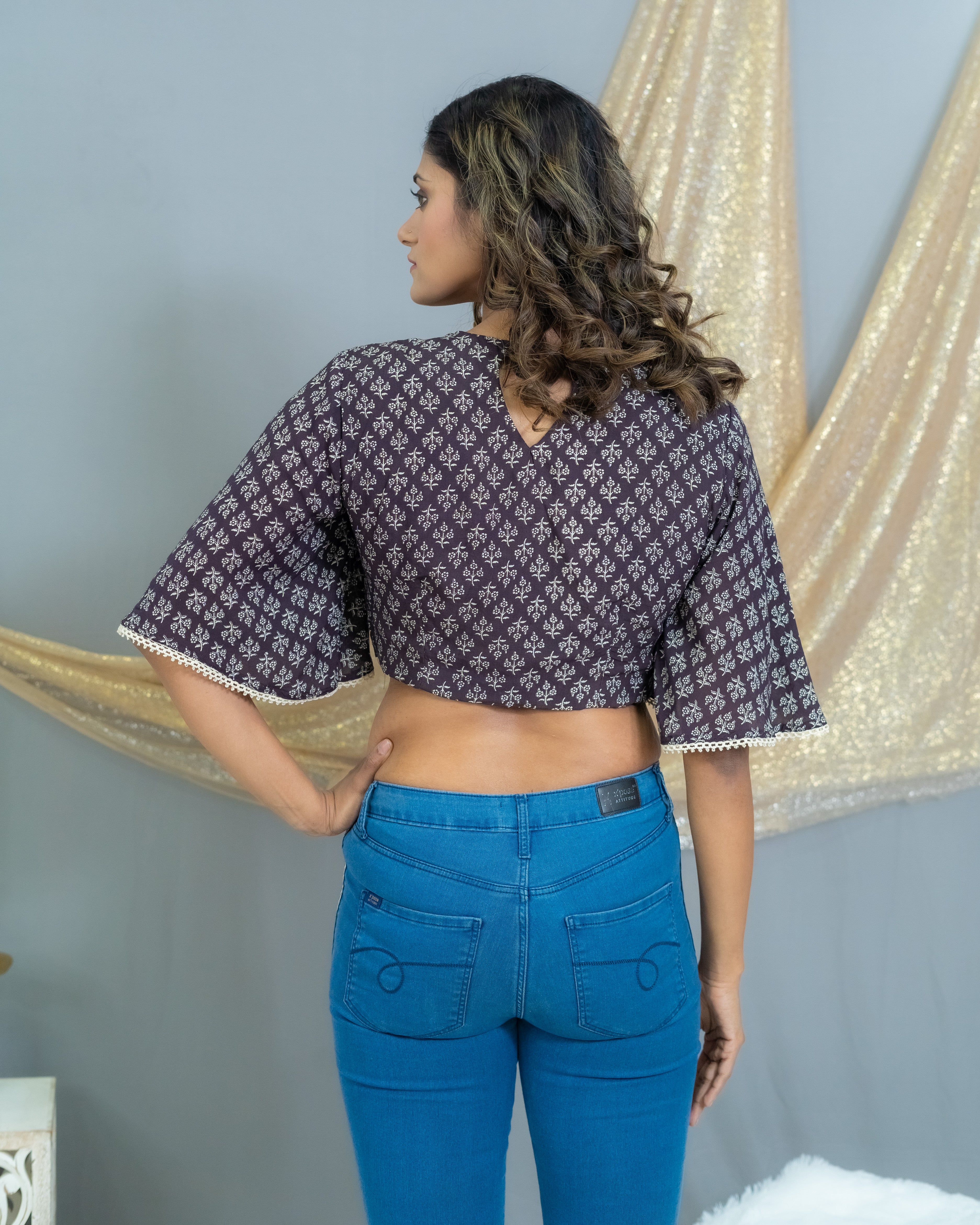 Black Bagru Handblock Printed Modal Cotton Crop Cotton Top