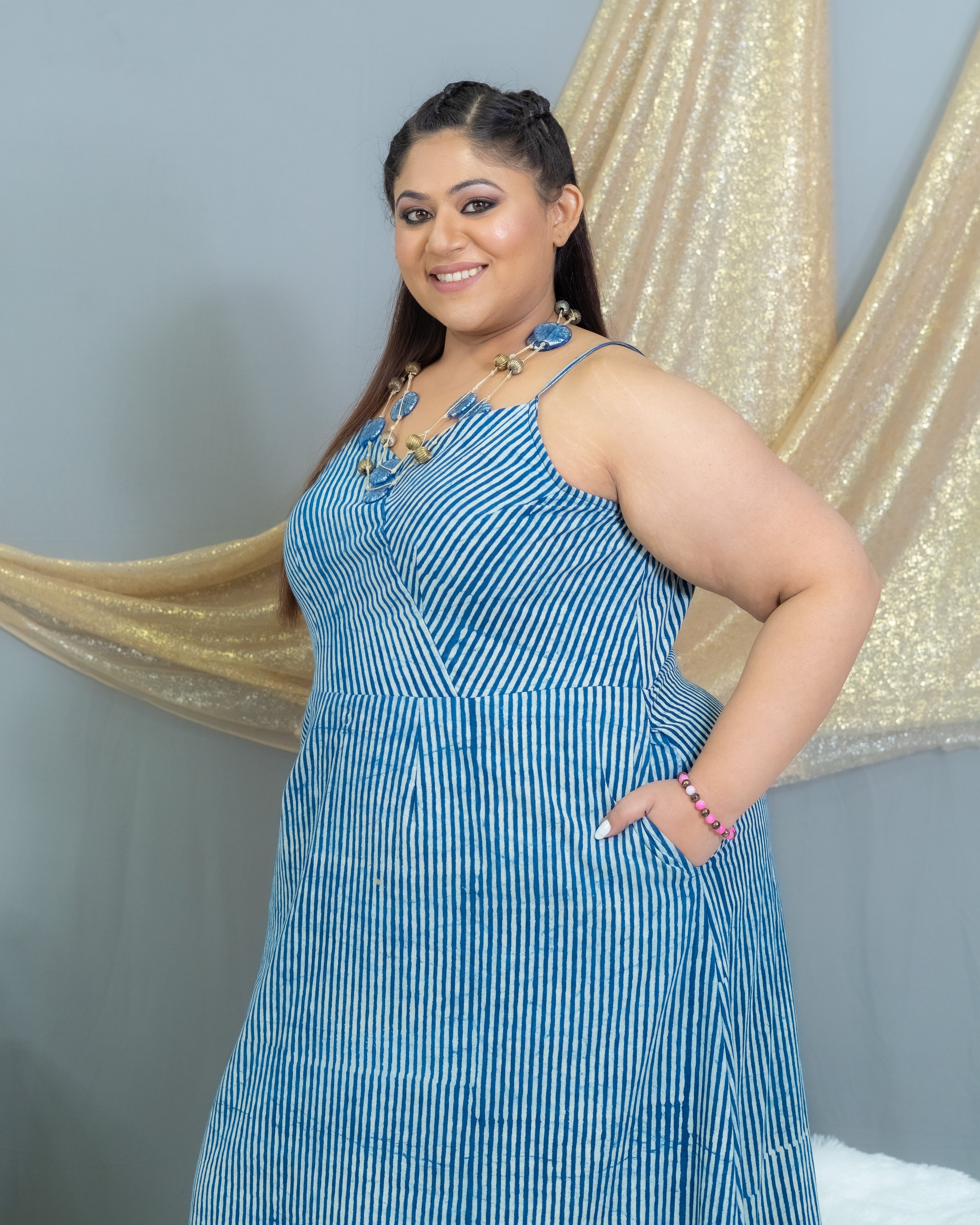 Indigo Dabu Handblock Printed Maxi Cotton  Dress with Shrug