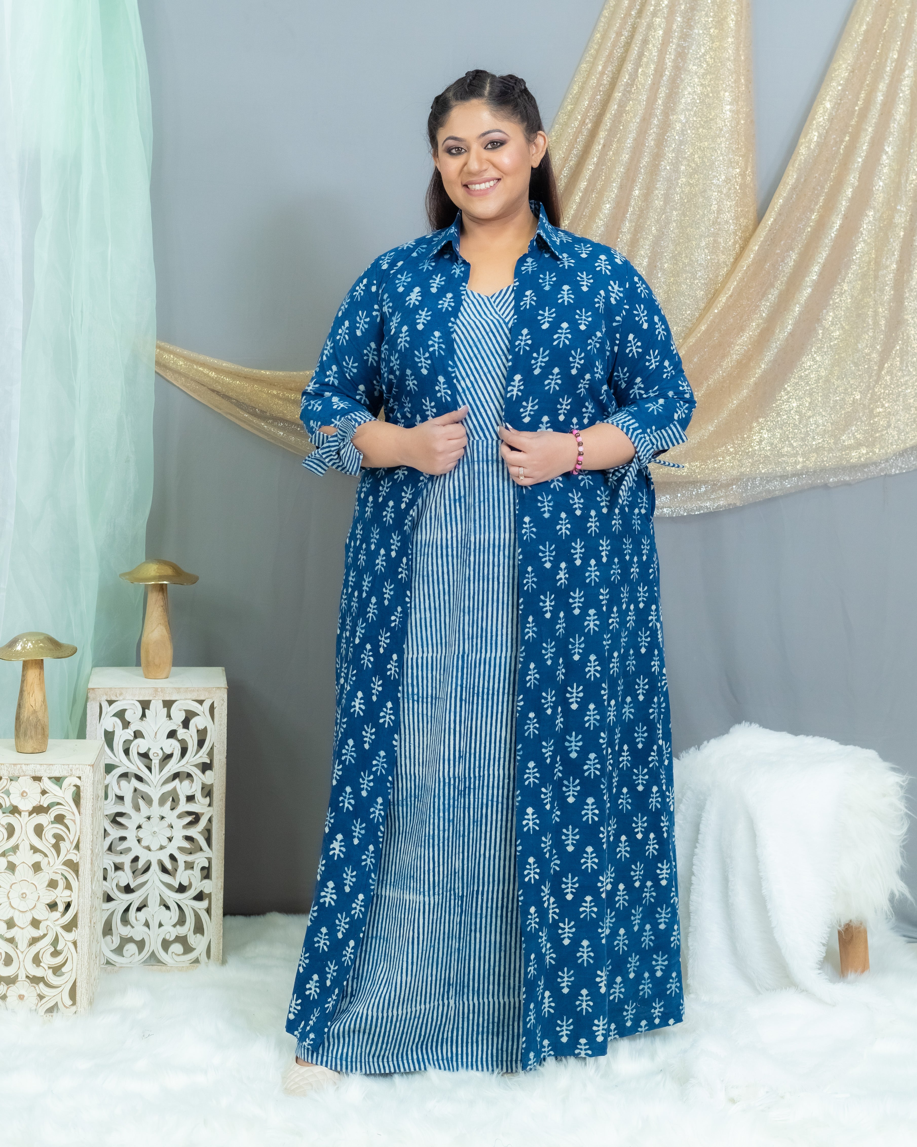 Indigo Dabu Handblock Printed Maxi Cotton  Dress with Shrug