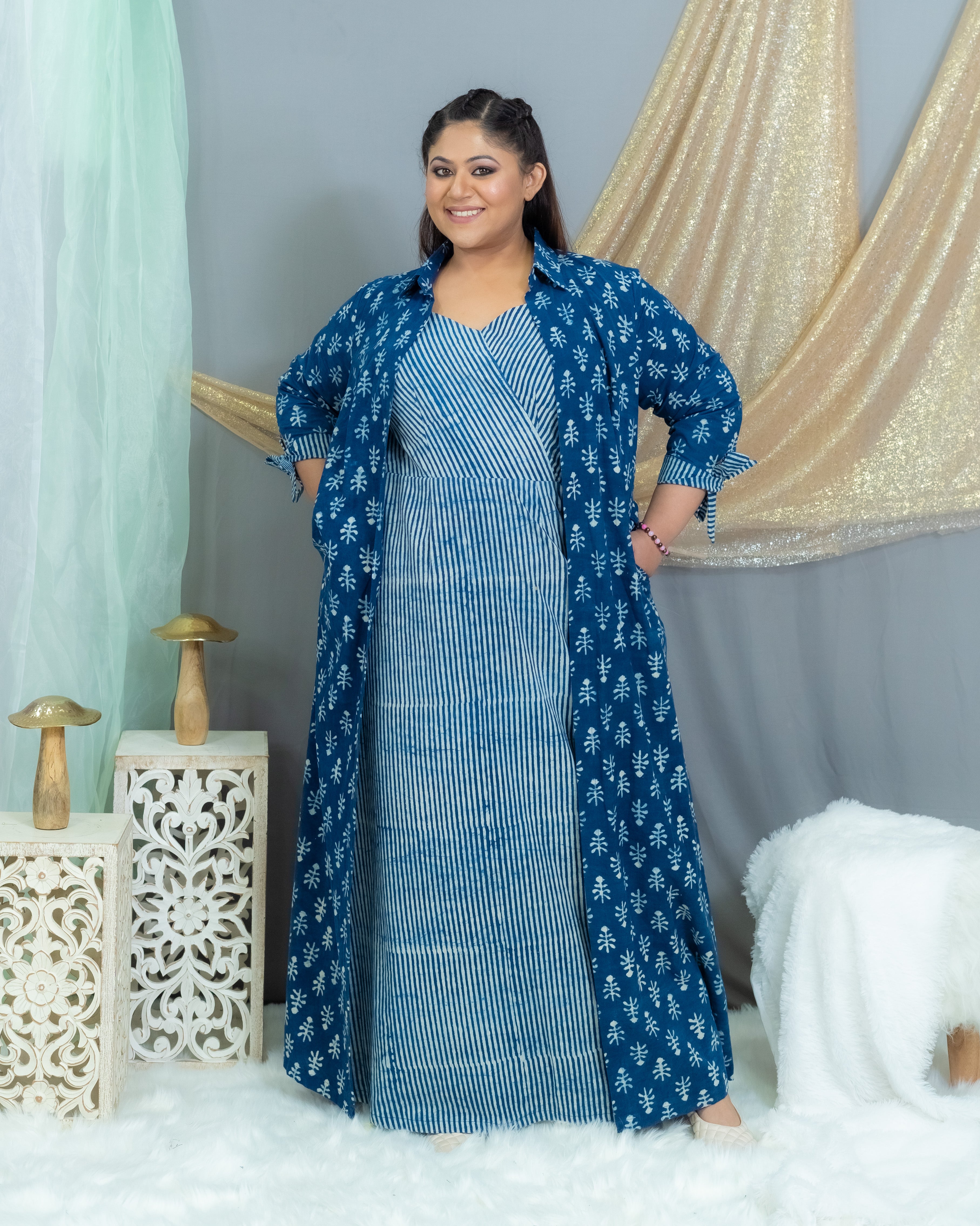 Indigo Dabu Handblock Printed Maxi Cotton  Dress with Shrug