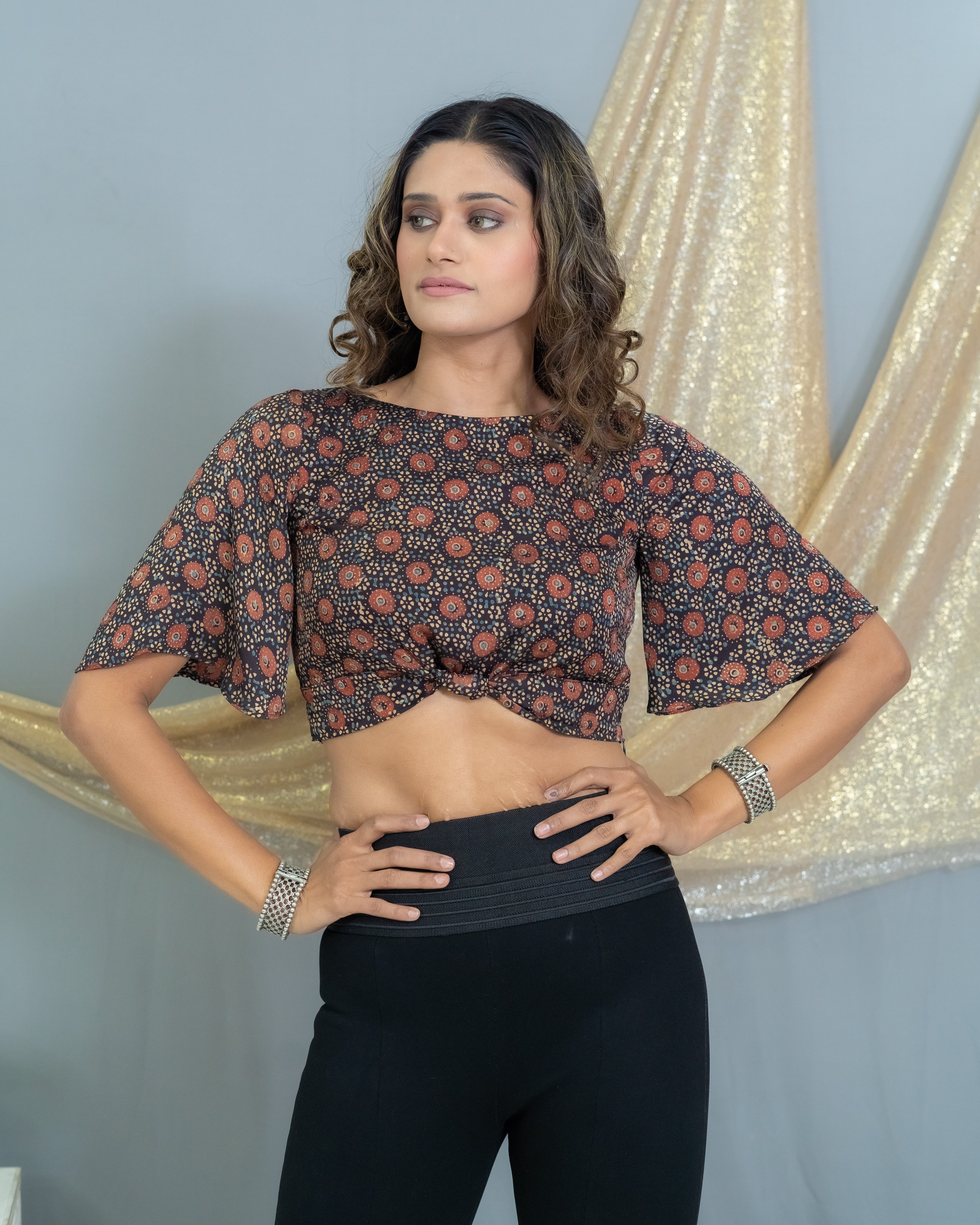Black Modal silk Ajrakh handblock printed crop top with knot and butterfly sleeves