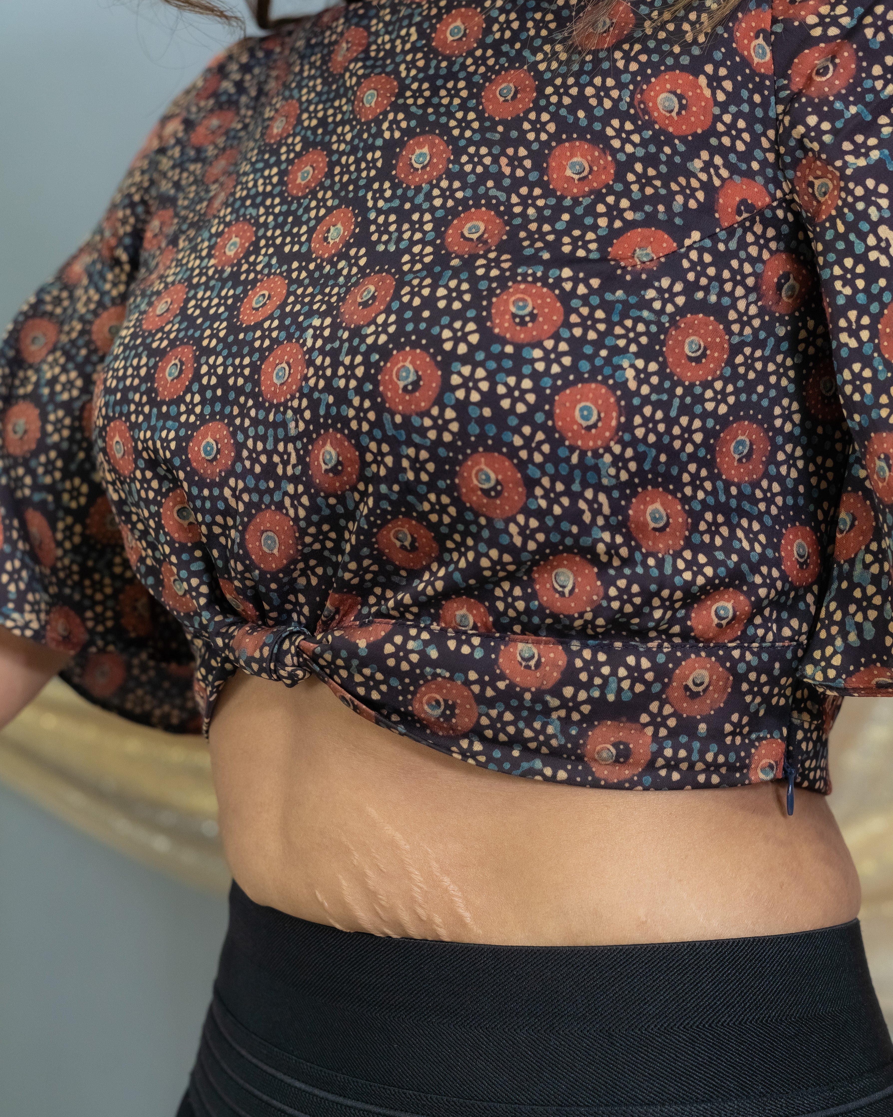 Black Modal silk Ajrakh handblock printed crop top with knot and butterfly sleeves
