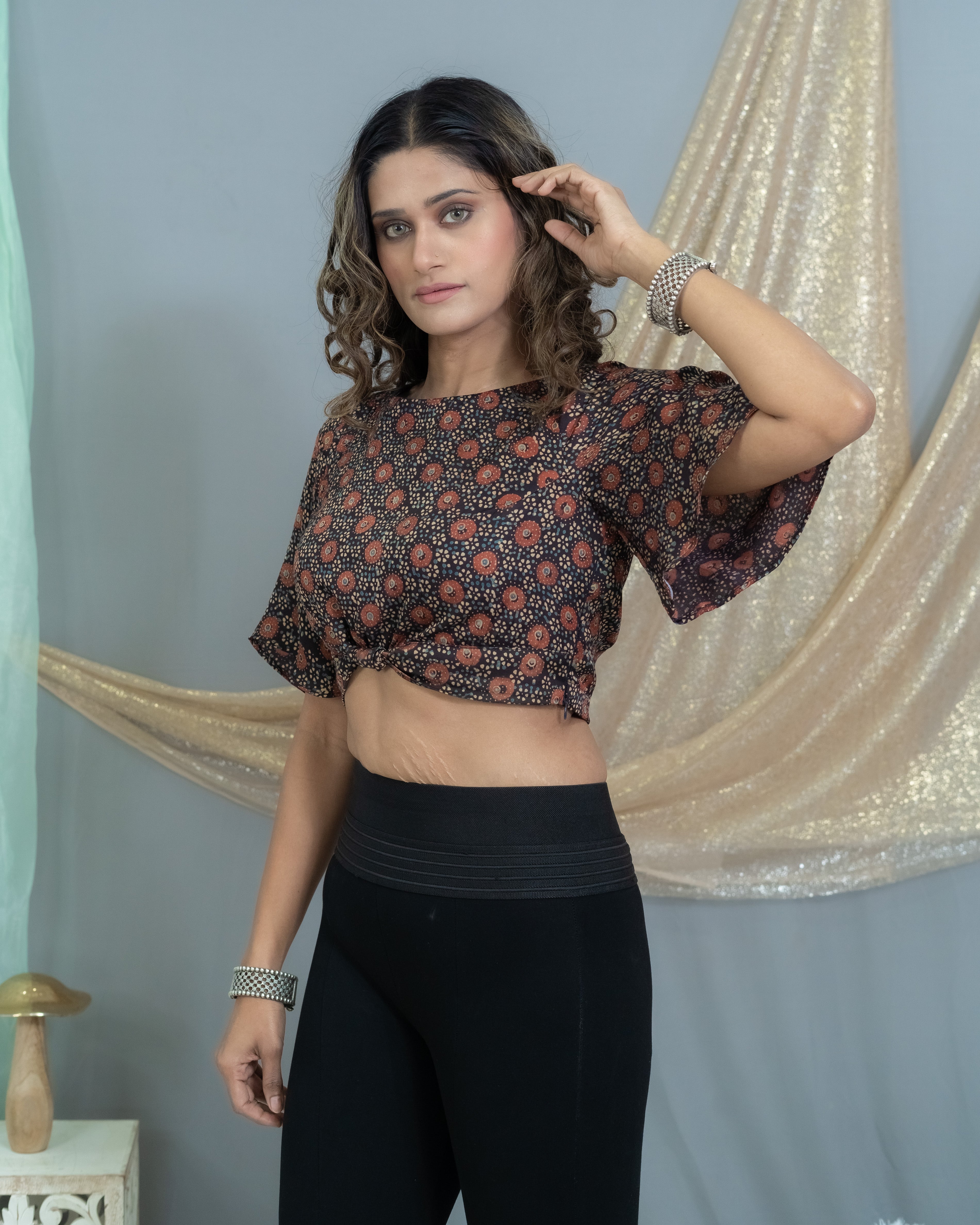 Black Modal silk Ajrakh handblock printed crop top with knot and butterfly sleeves