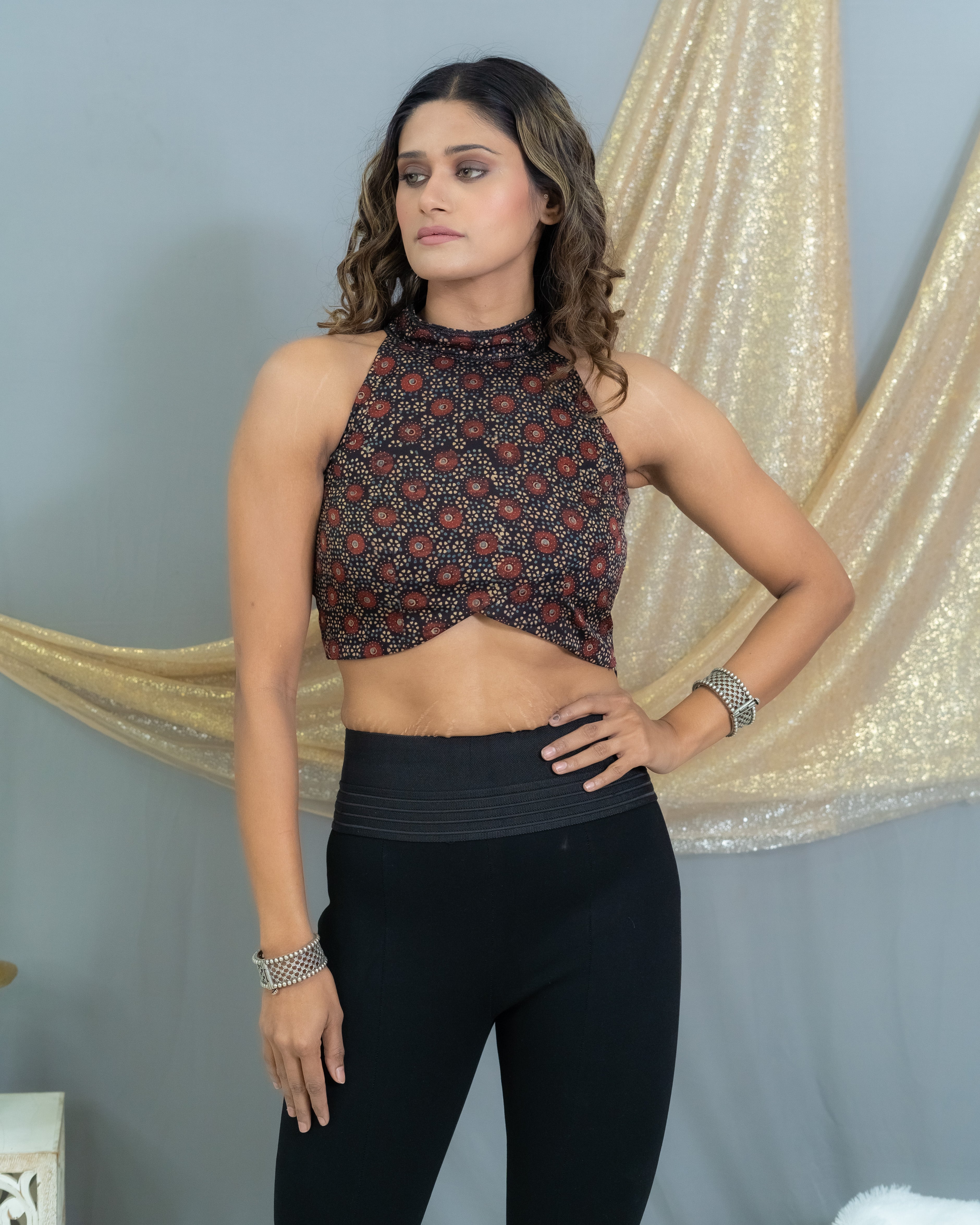 Black Ajrakh Handblock Printed Modal Silk Halter Neck Crop Top