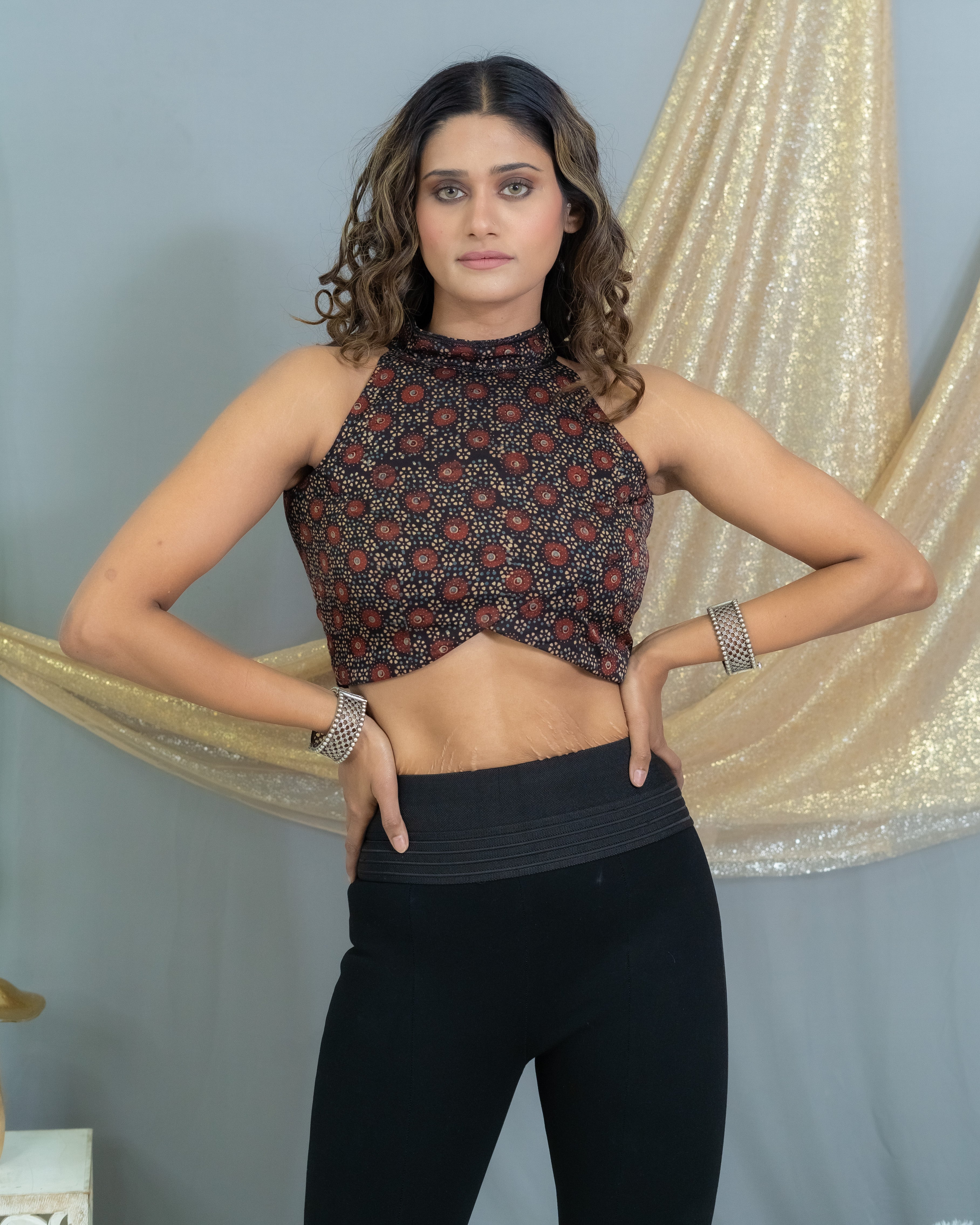 Black Ajrakh Handblock Printed Modal Silk Halter Neck Crop Top