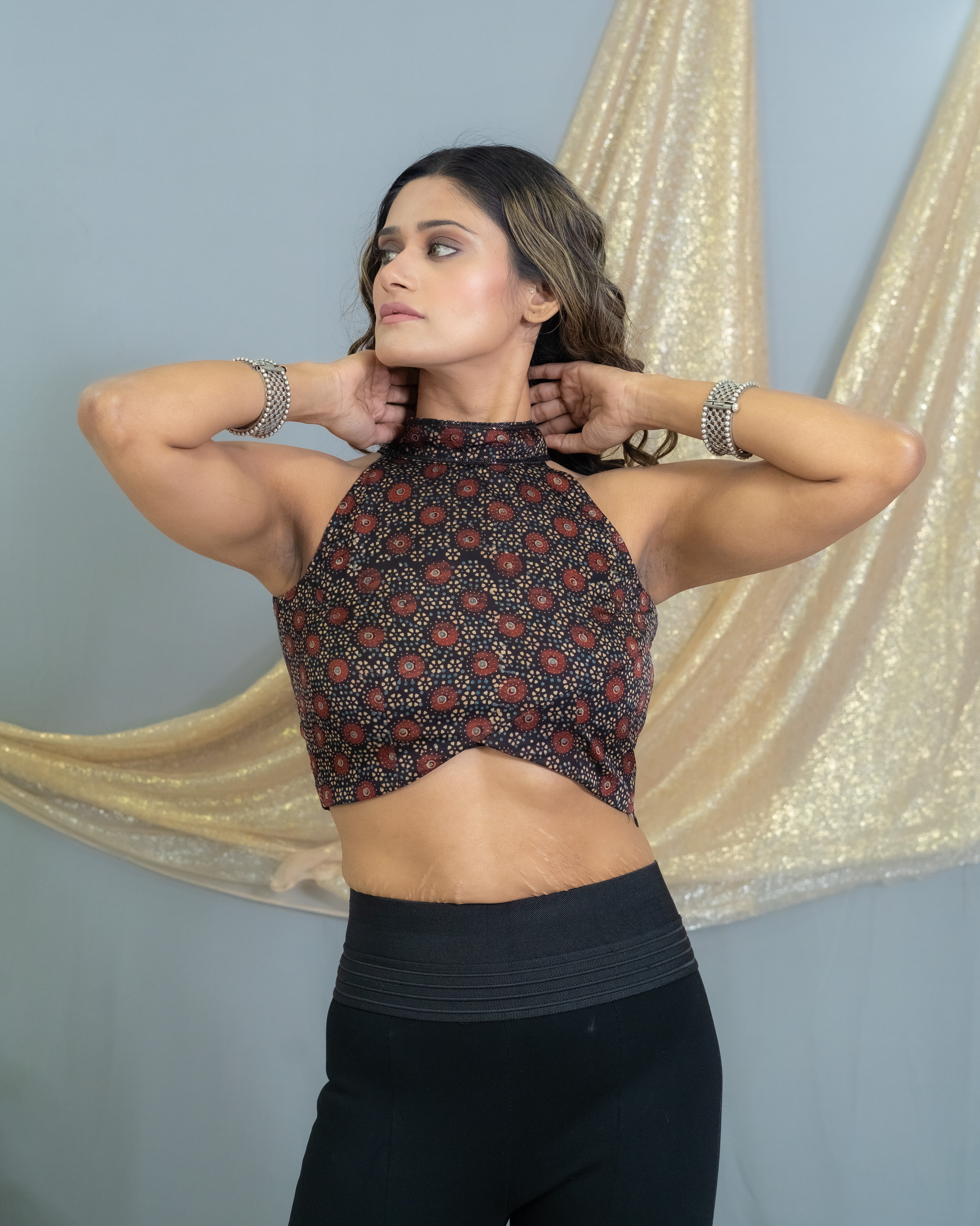 Black Ajrakh Handblock Printed Modal Silk Halter Neck Crop Top