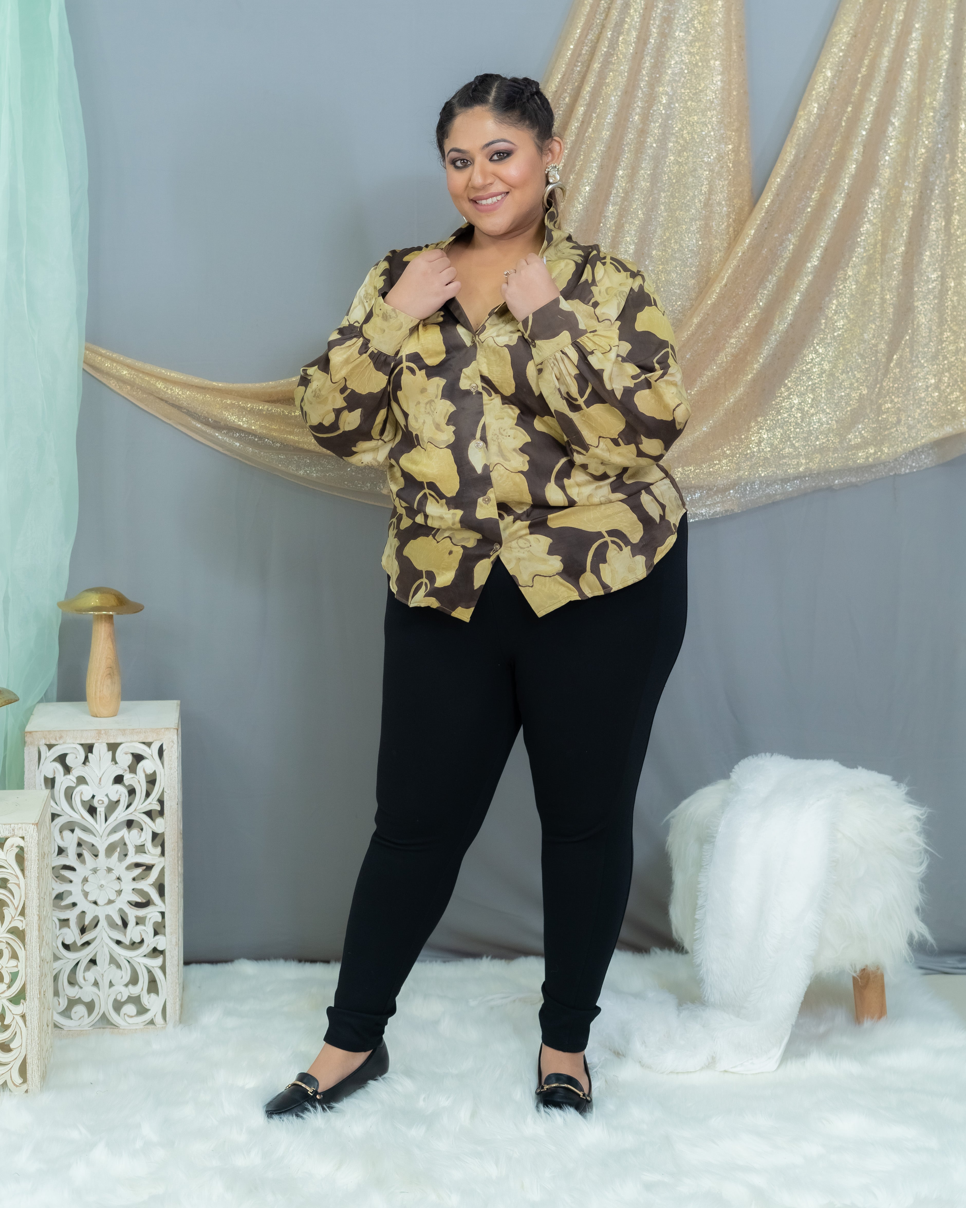 Black & Beige Vanaspati Handblock Printed  Modal Satin Shirt