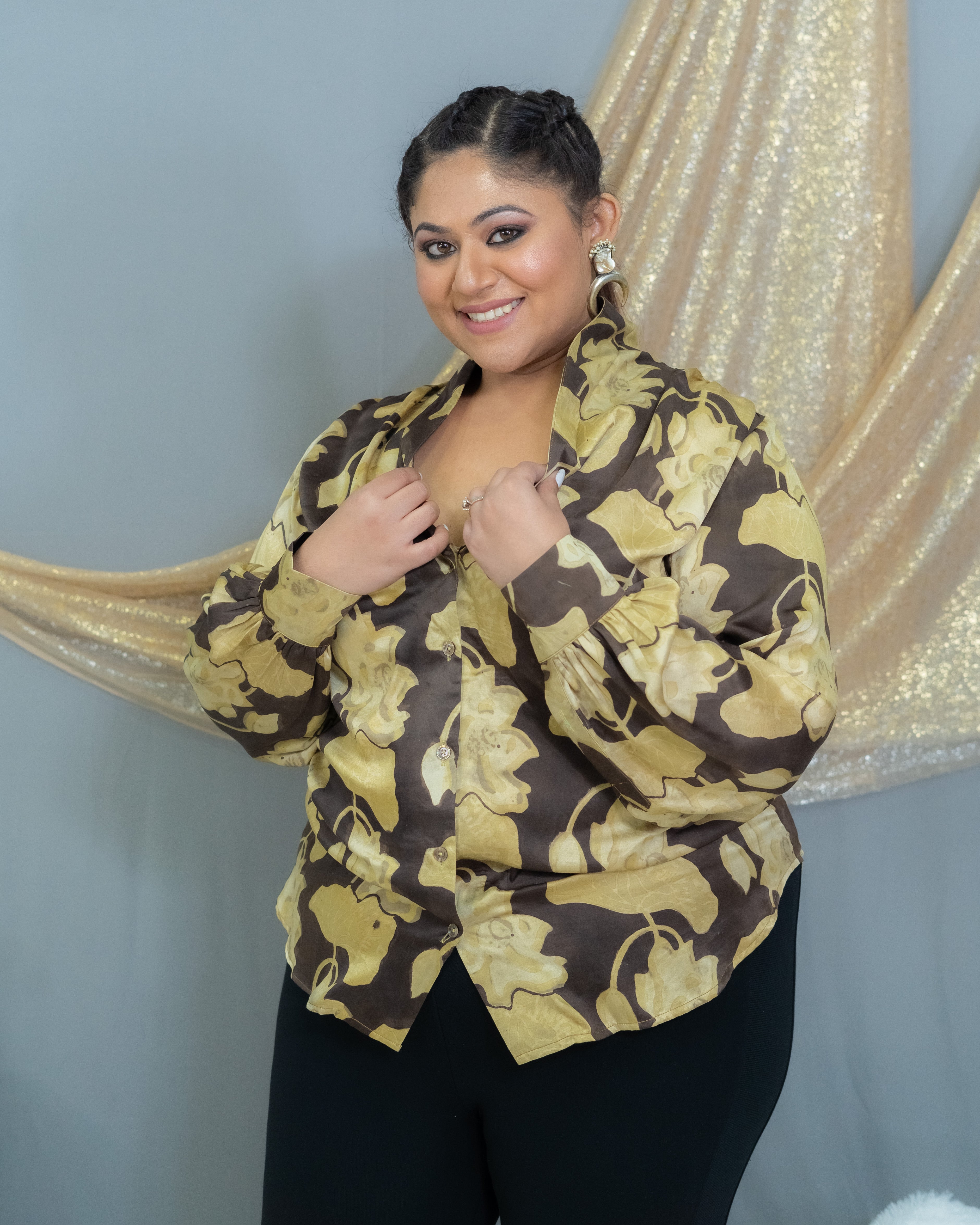 Black & Beige Vanaspati Handblock Printed  Modal Satin Shirt