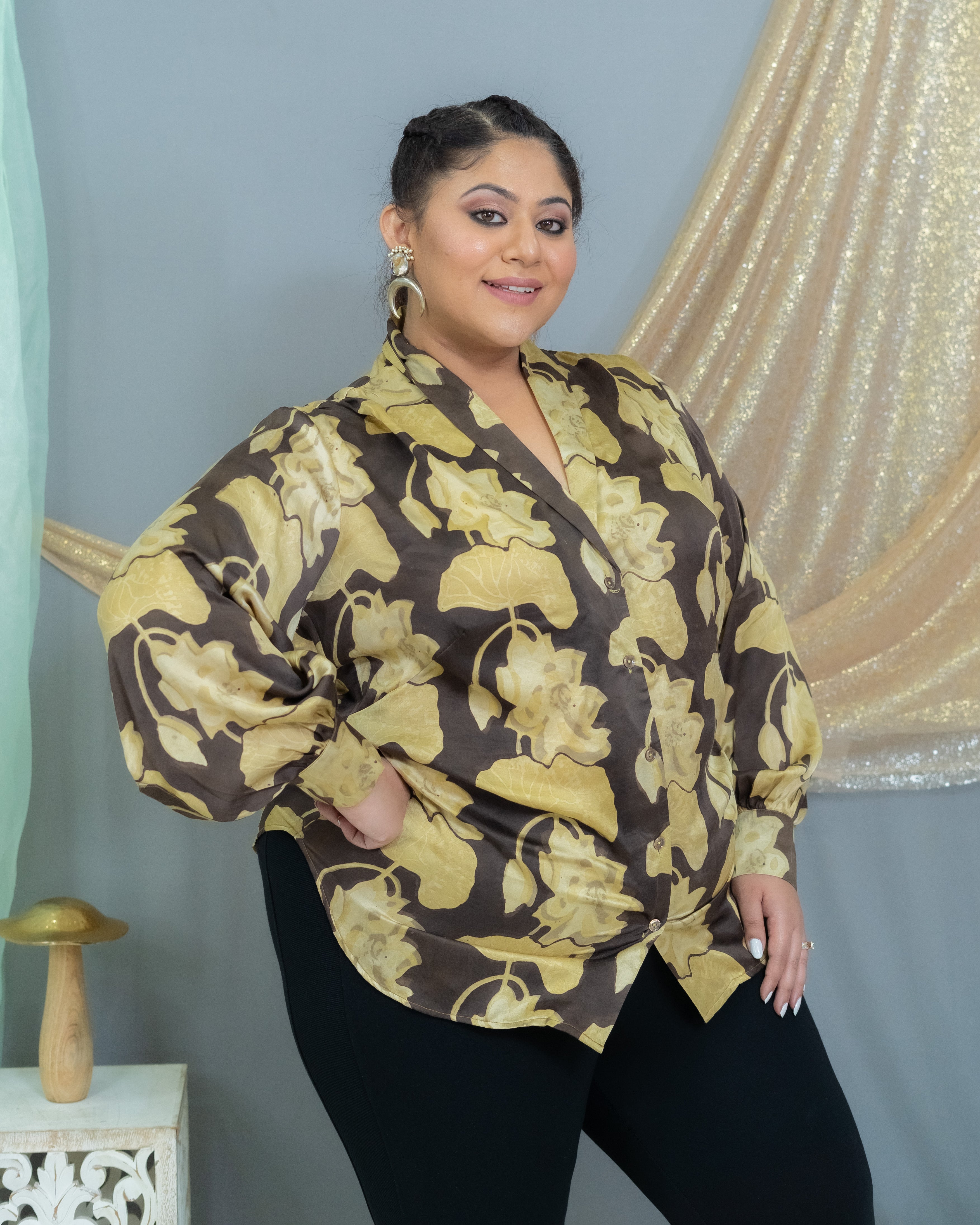 Black & Beige Vanaspati Handblock Printed  Modal Satin Shirt