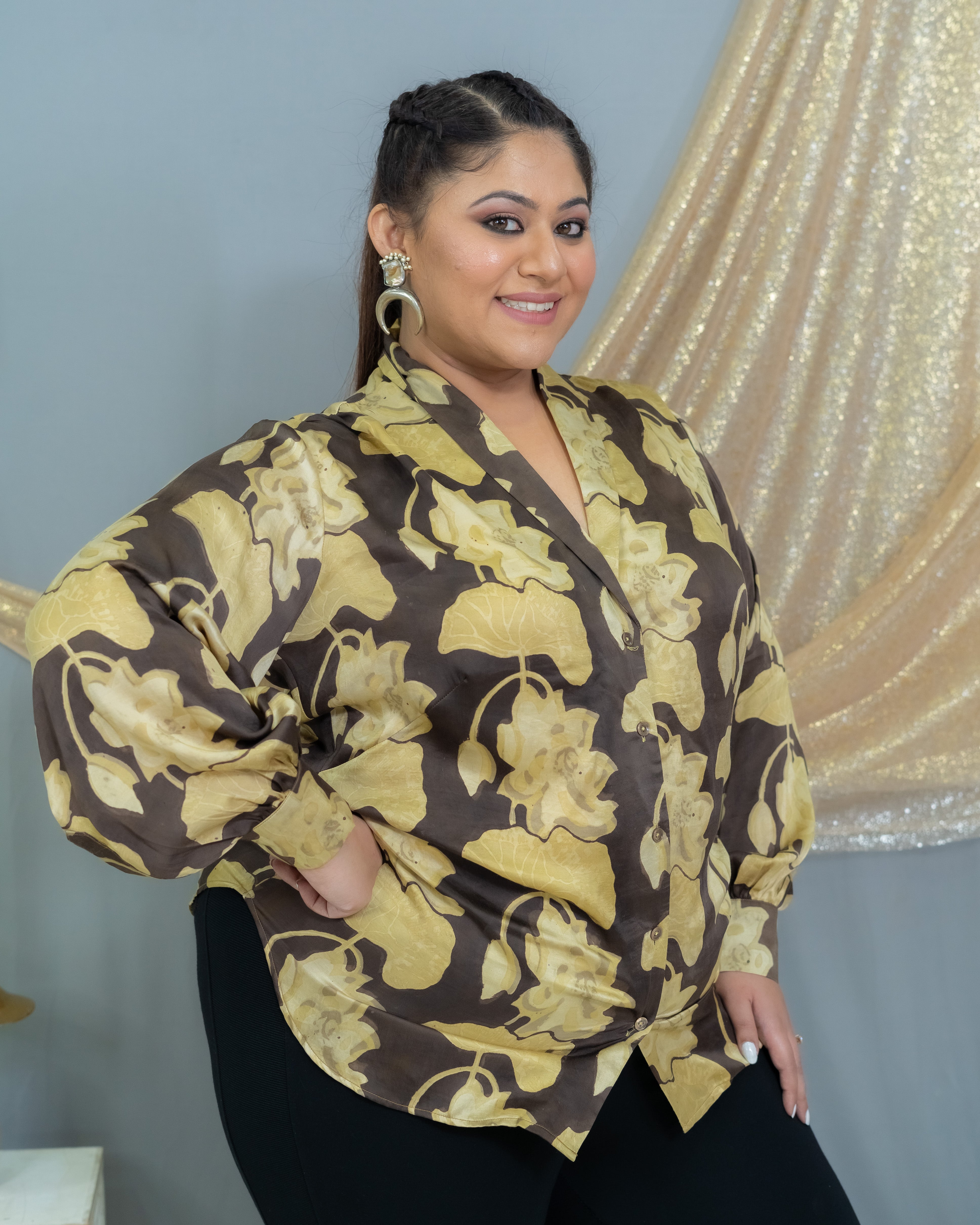 Black & Beige Vanaspati Handblock Printed  Modal Satin Shirt