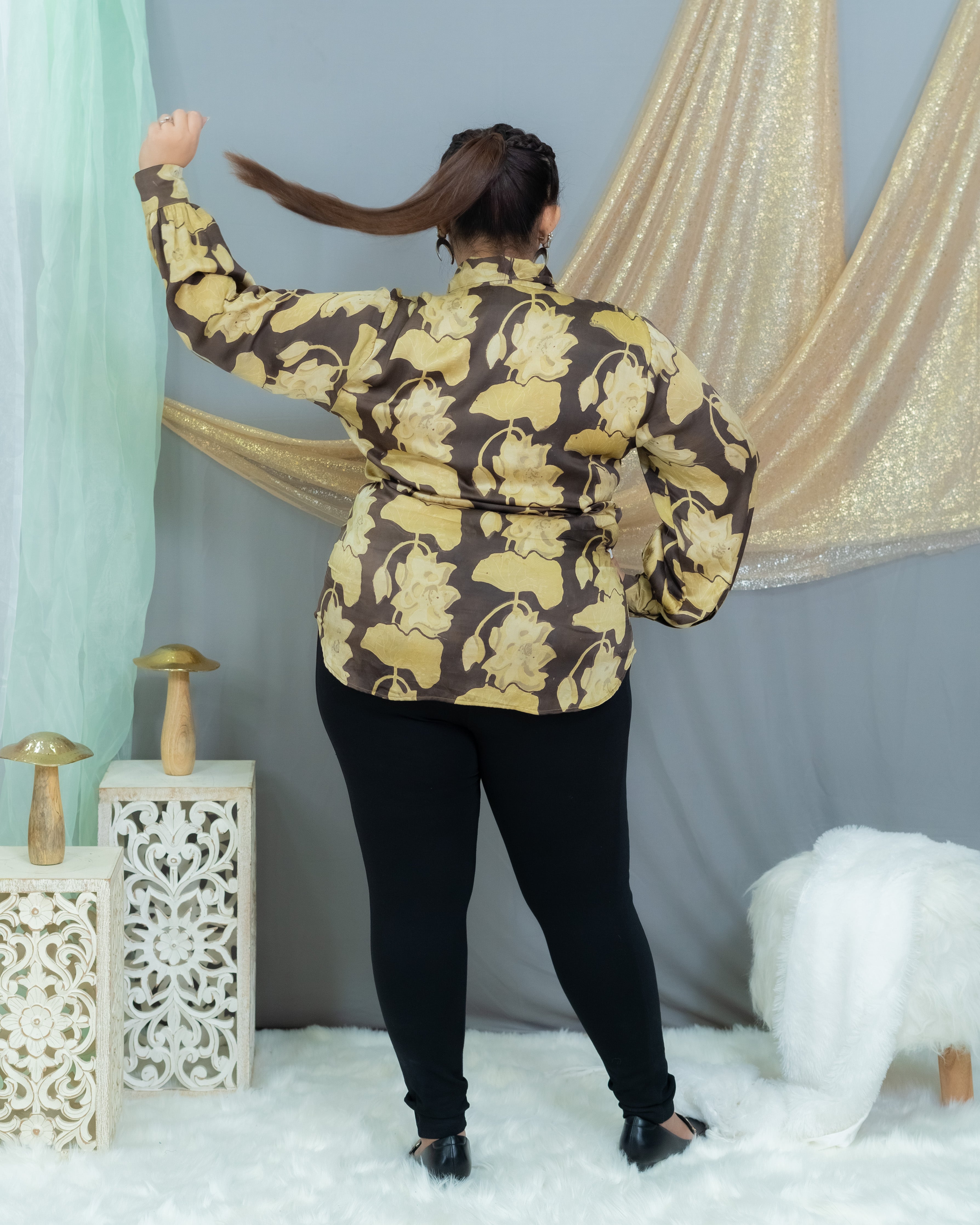 Black & Beige Vanaspati Handblock Printed  Modal Satin Shirt