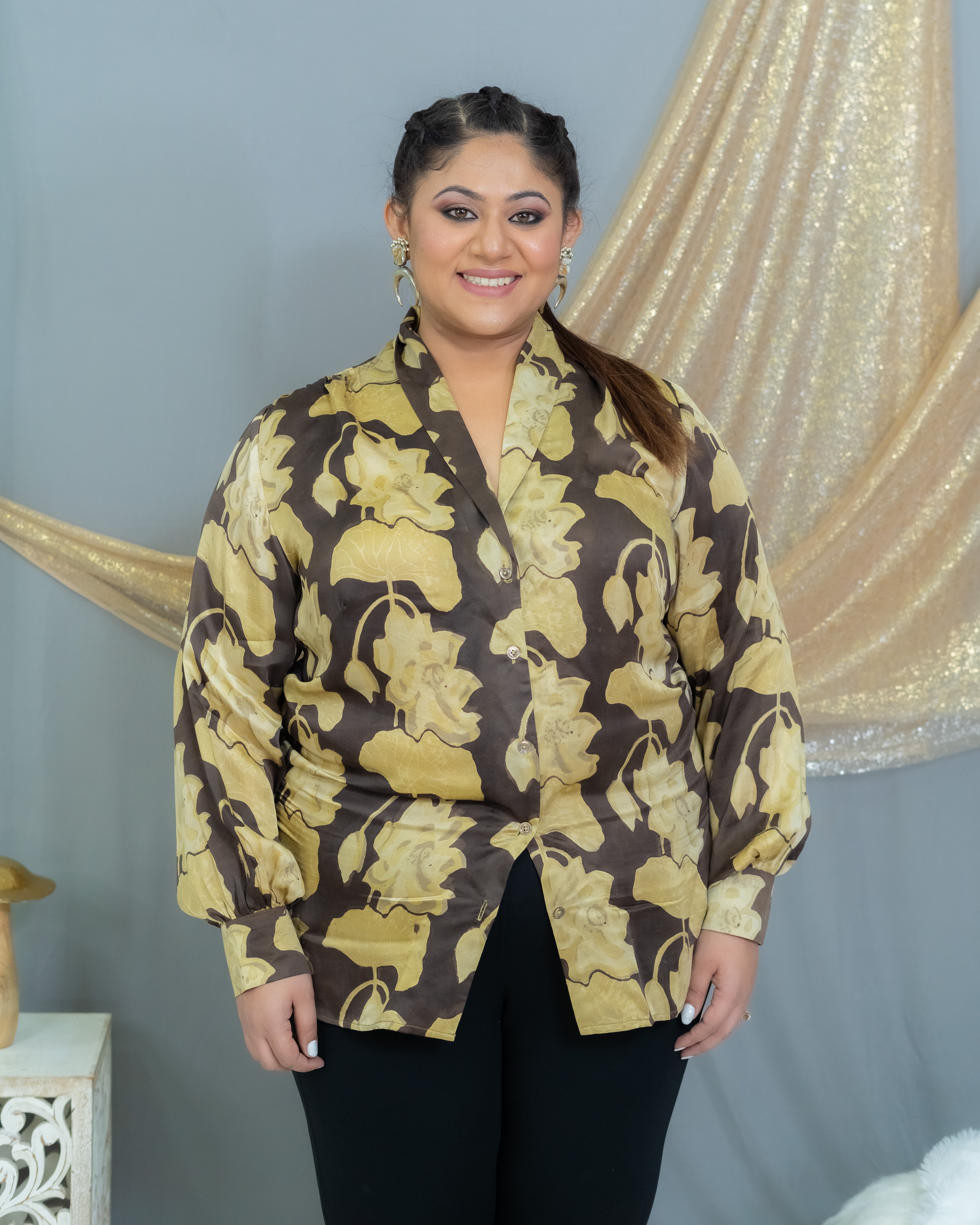 Black & Beige Vanaspati Handblock Printed  Modal Satin Shirt