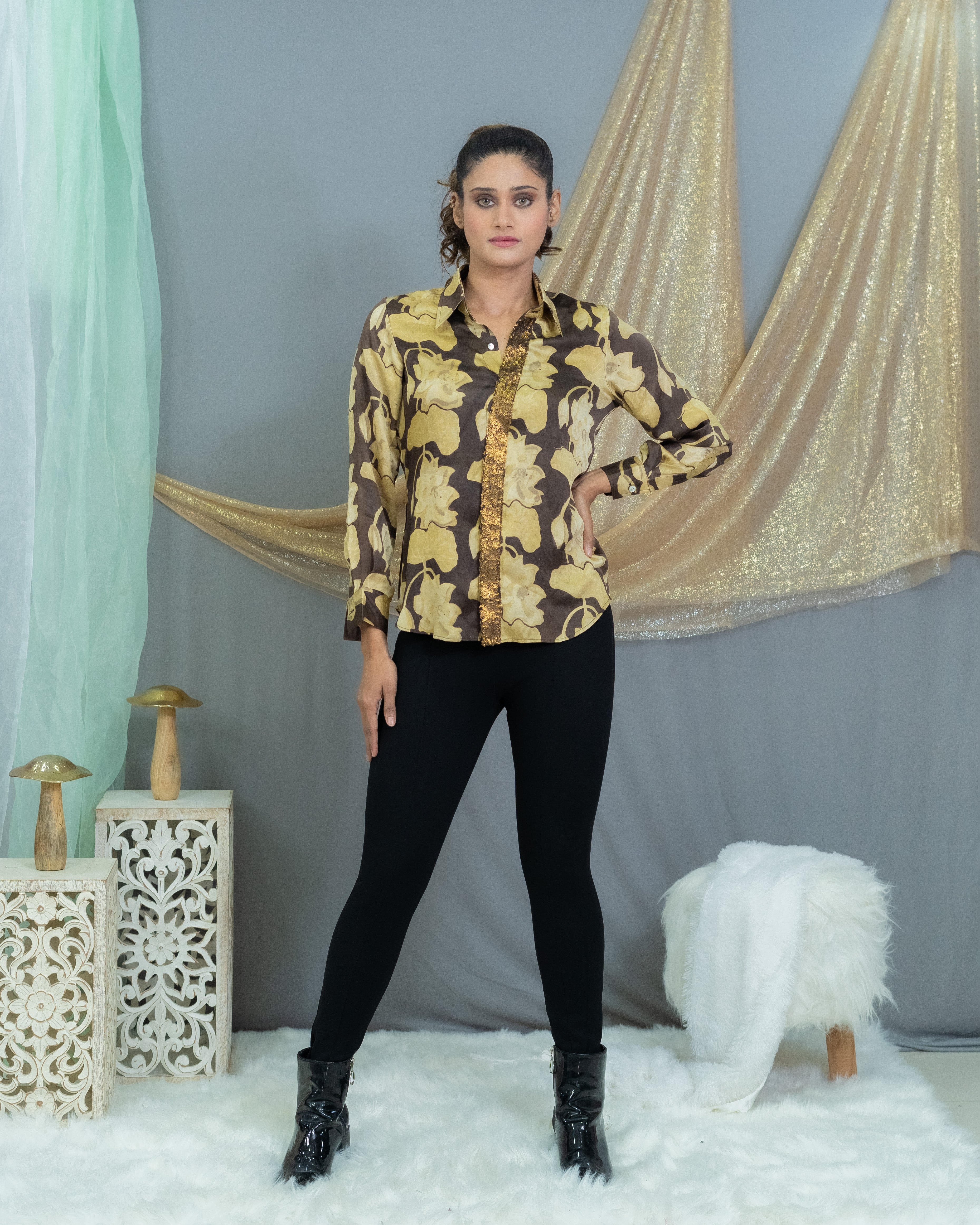 Black & beige vanaspati handblock printed modal satin shirt with sequin