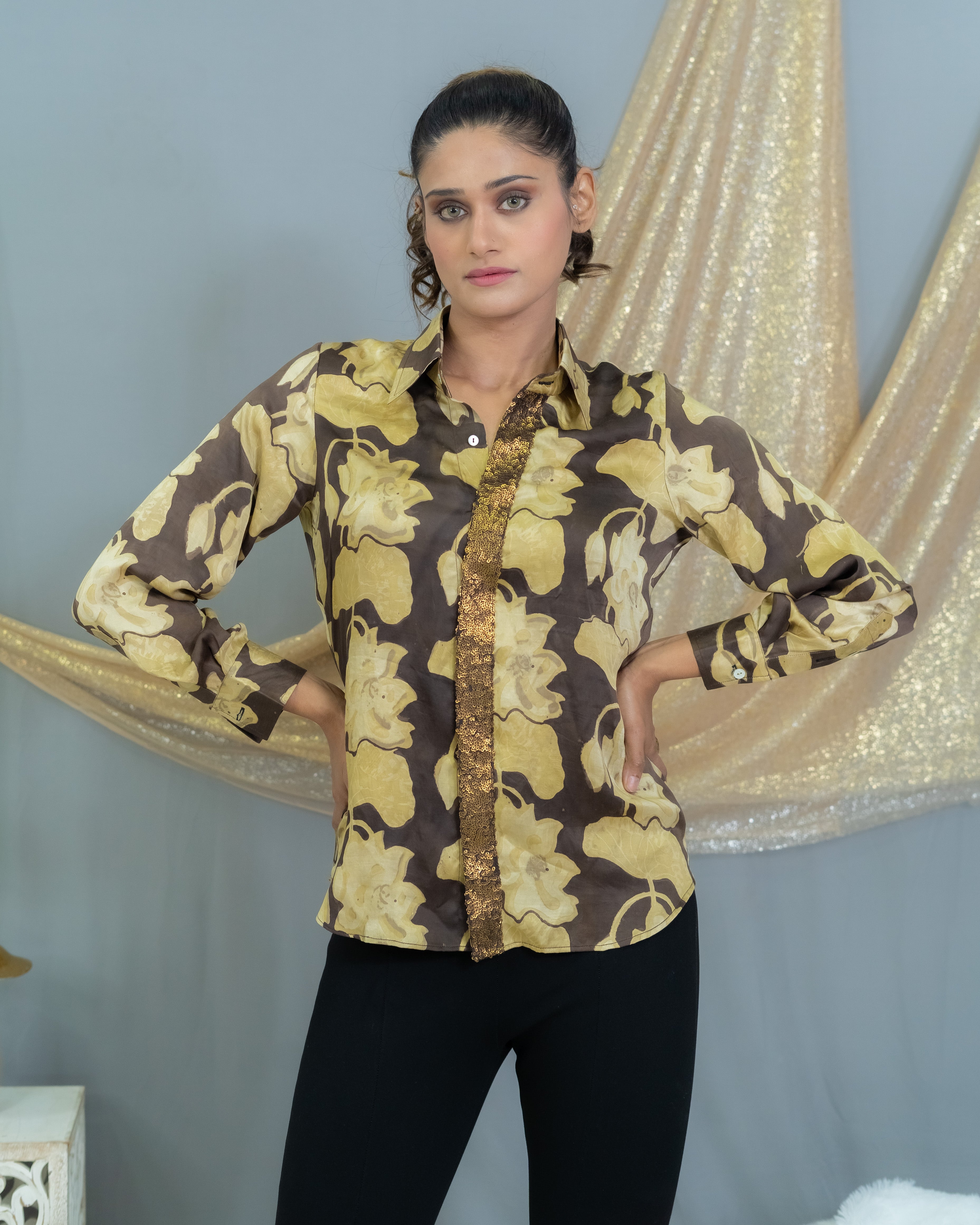 Black & beige vanaspati handblock printed modal satin shirt with sequin