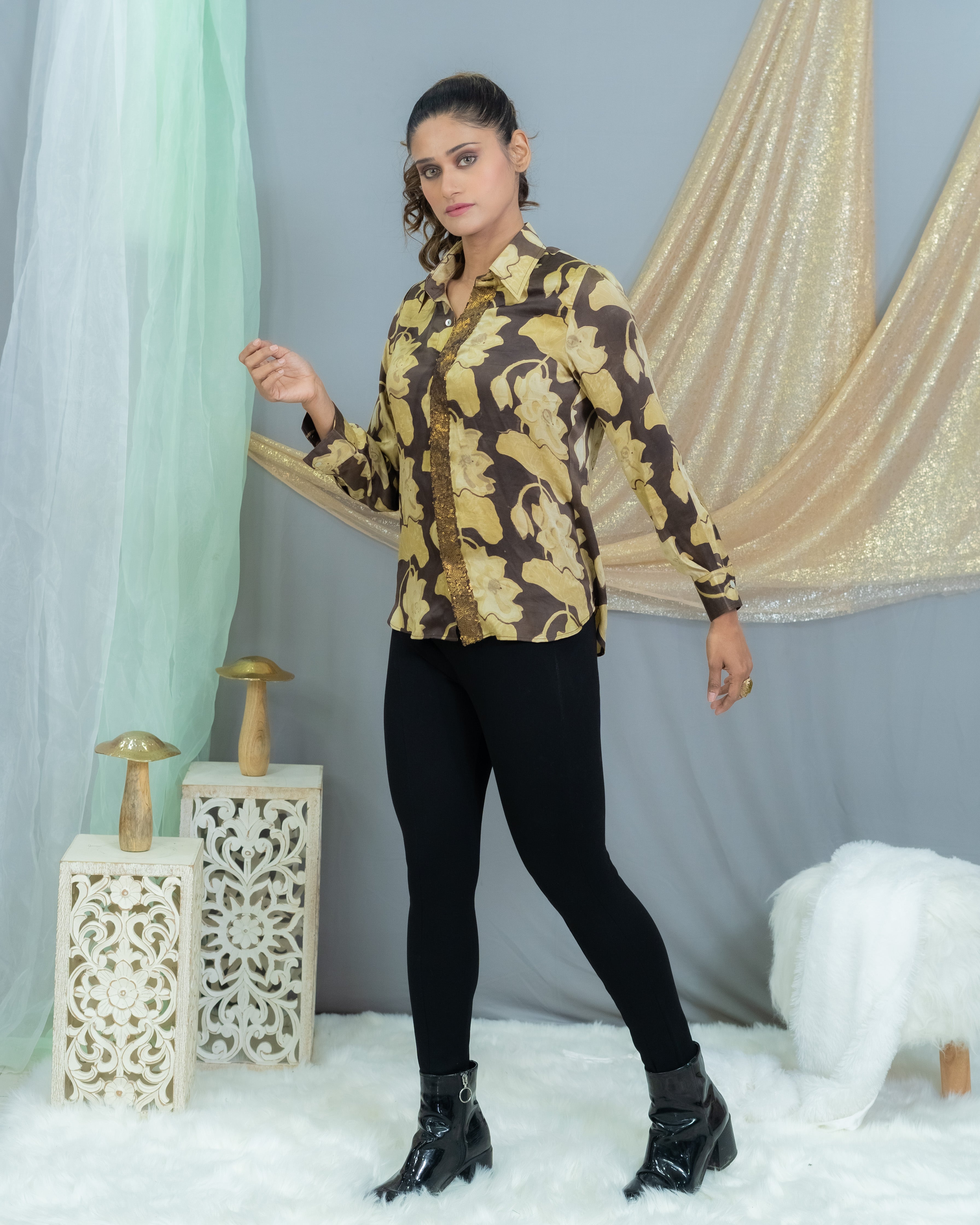 Black & beige vanaspati handblock printed modal satin shirt with sequin