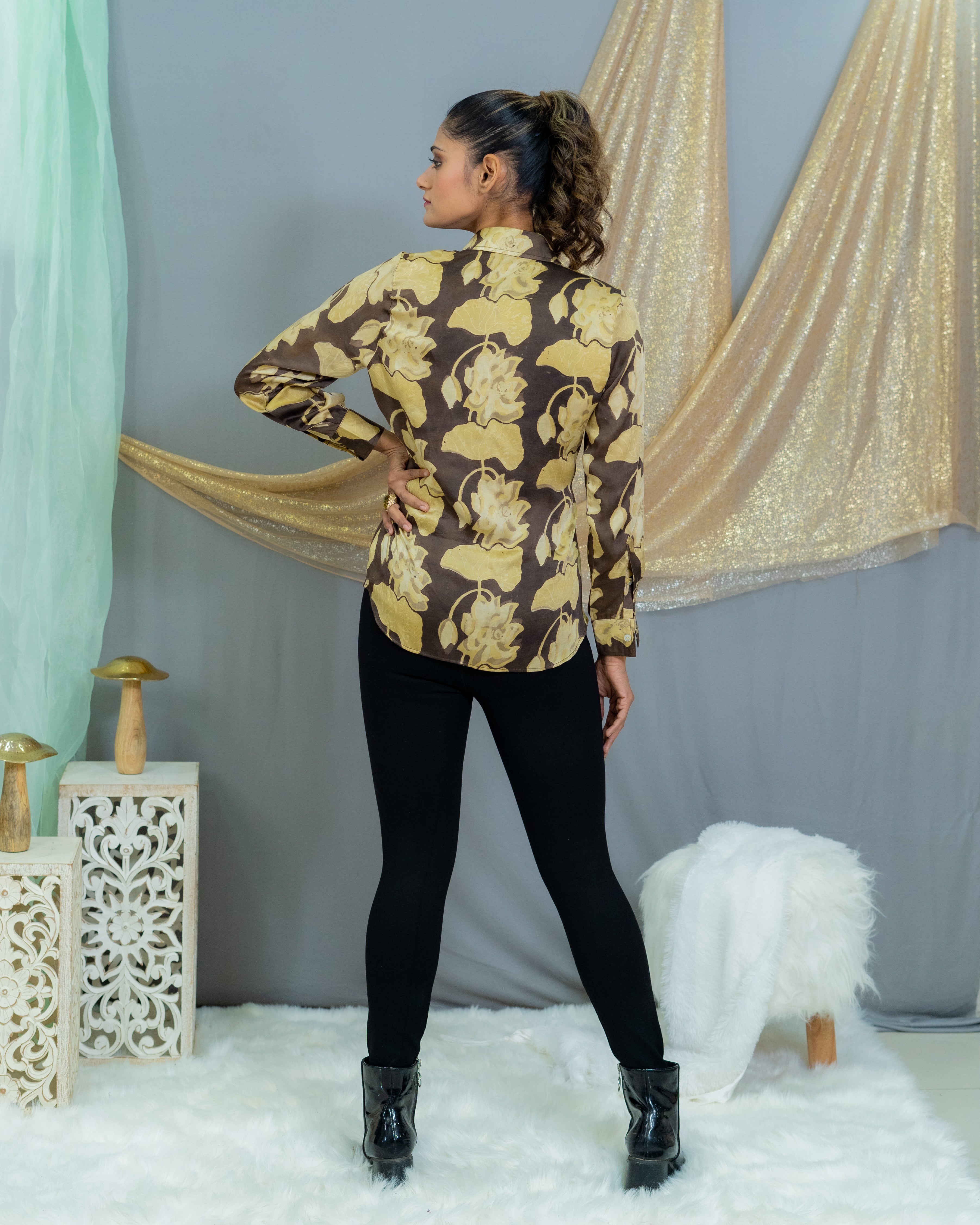 Black & beige vanaspati handblock printed modal satin shirt with sequin