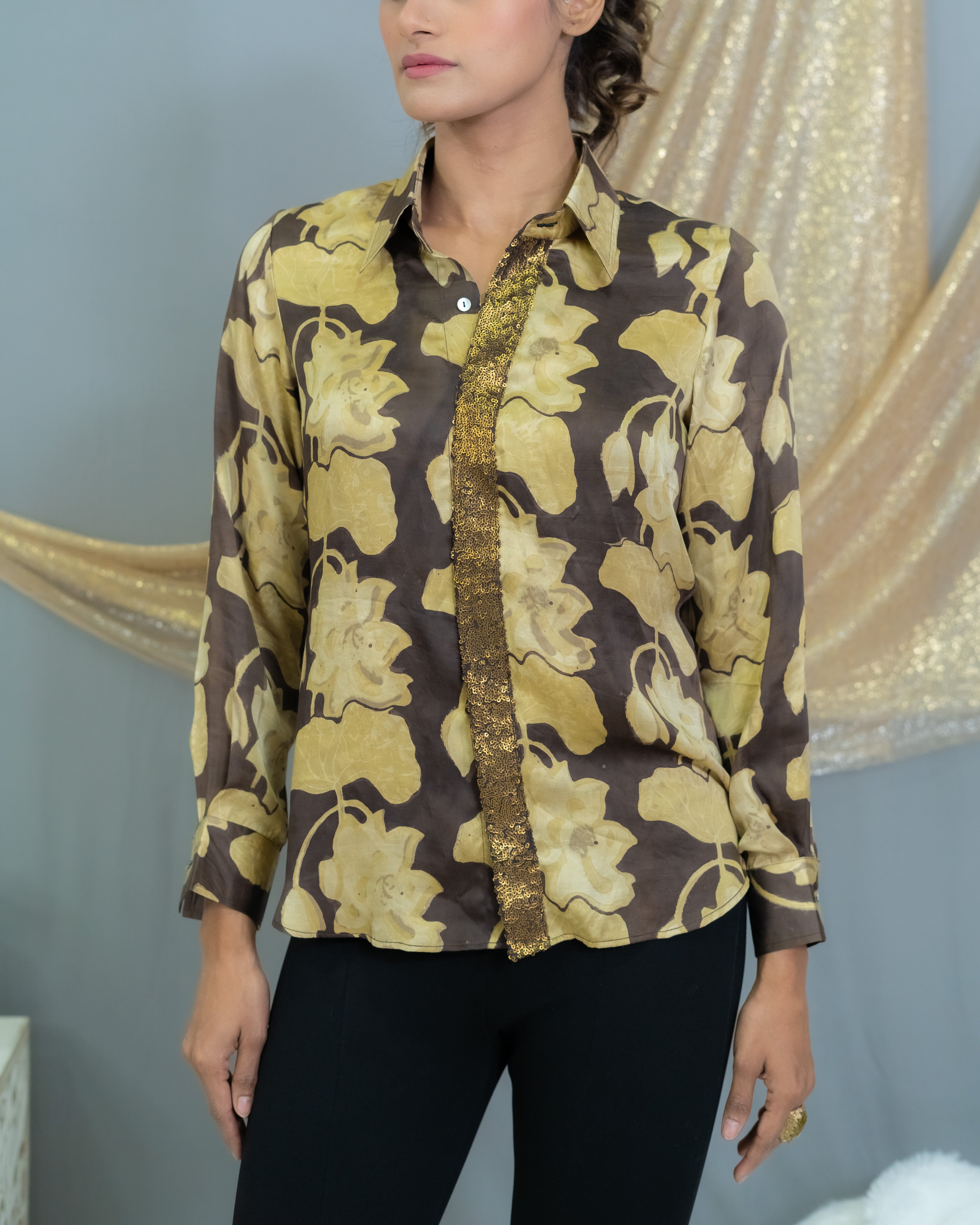 Black & beige vanaspati handblock printed modal satin shirt with sequin