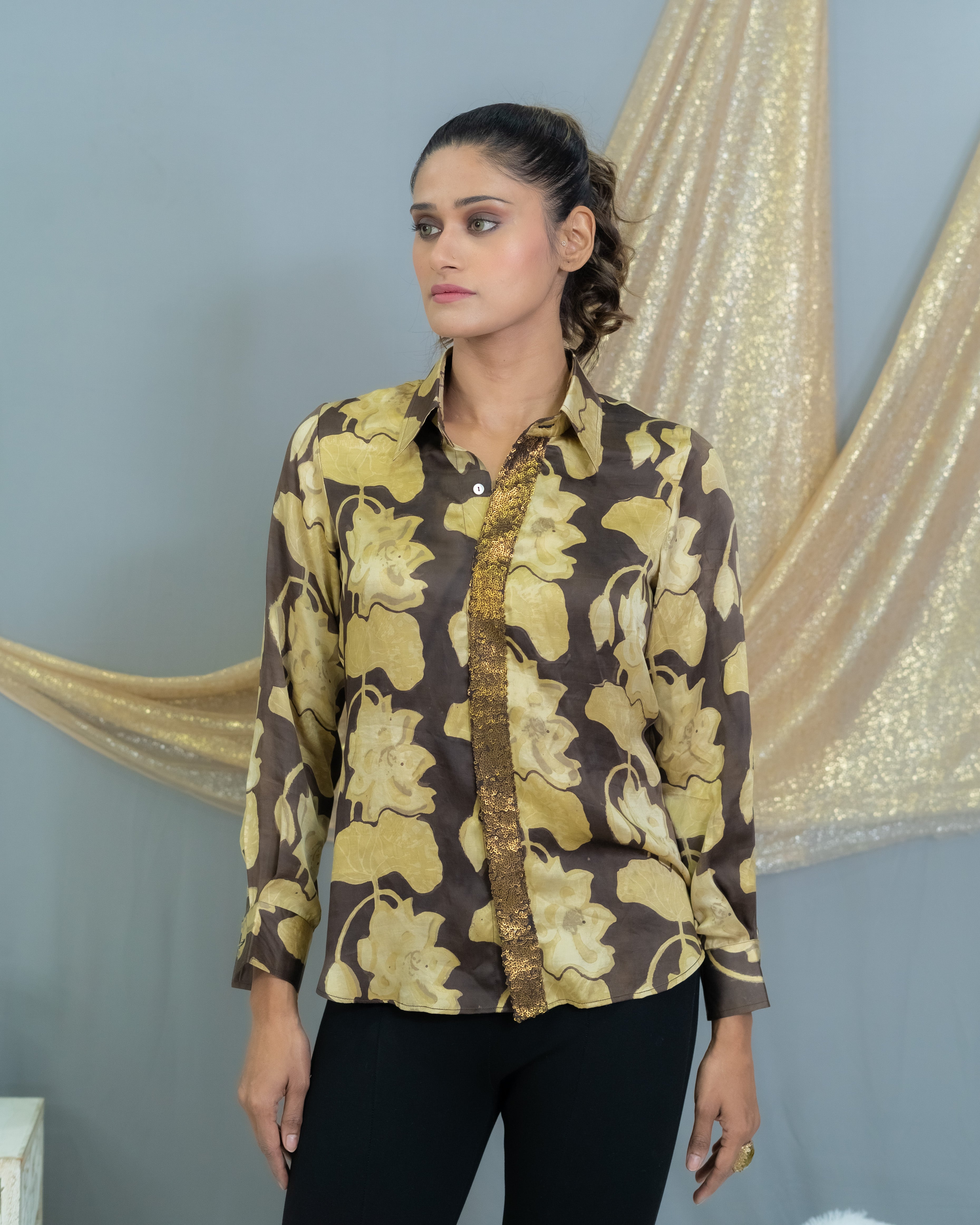 Black & beige vanaspati handblock printed modal satin shirt with sequin
