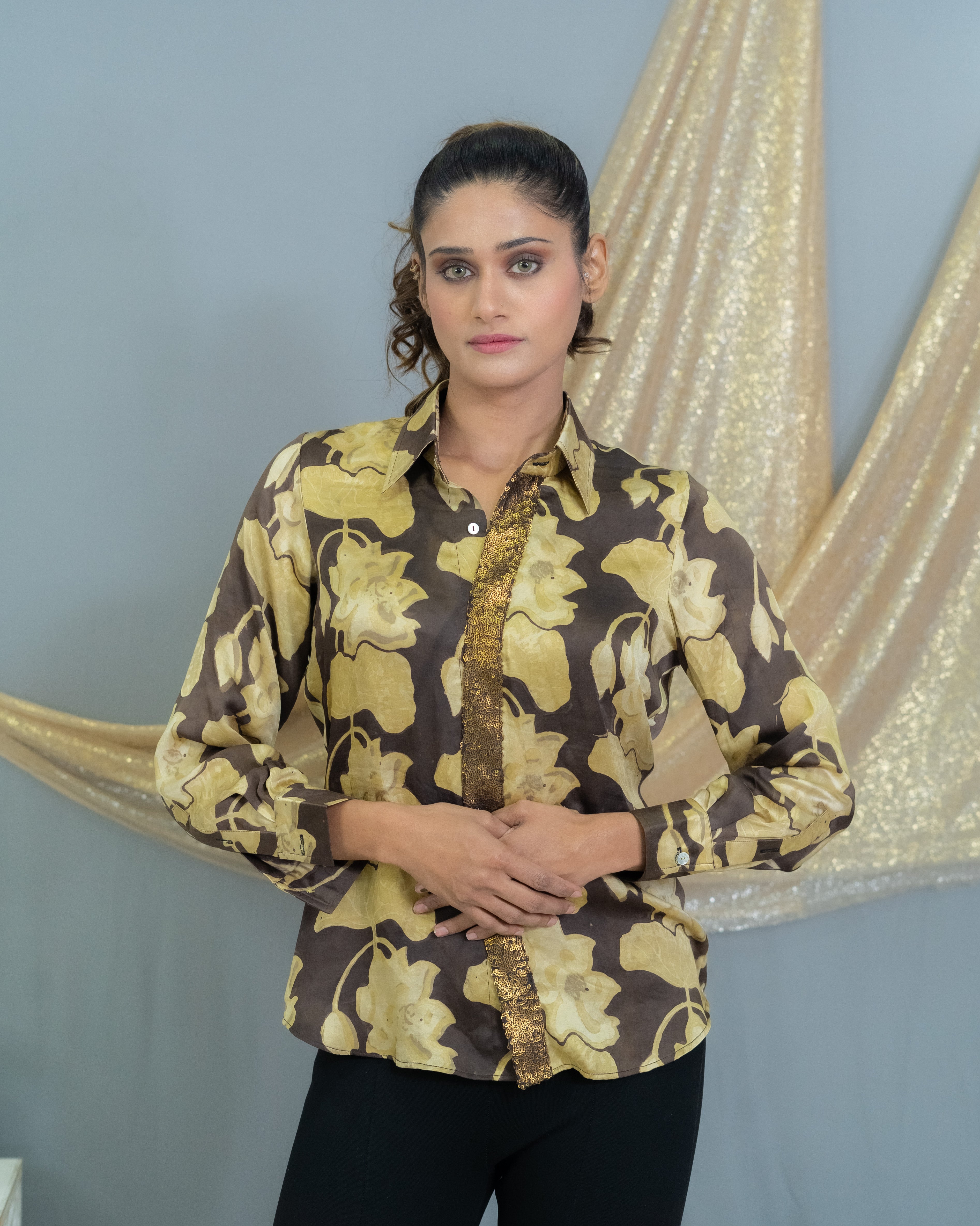 Black & beige vanaspati handblock printed modal satin shirt with sequin