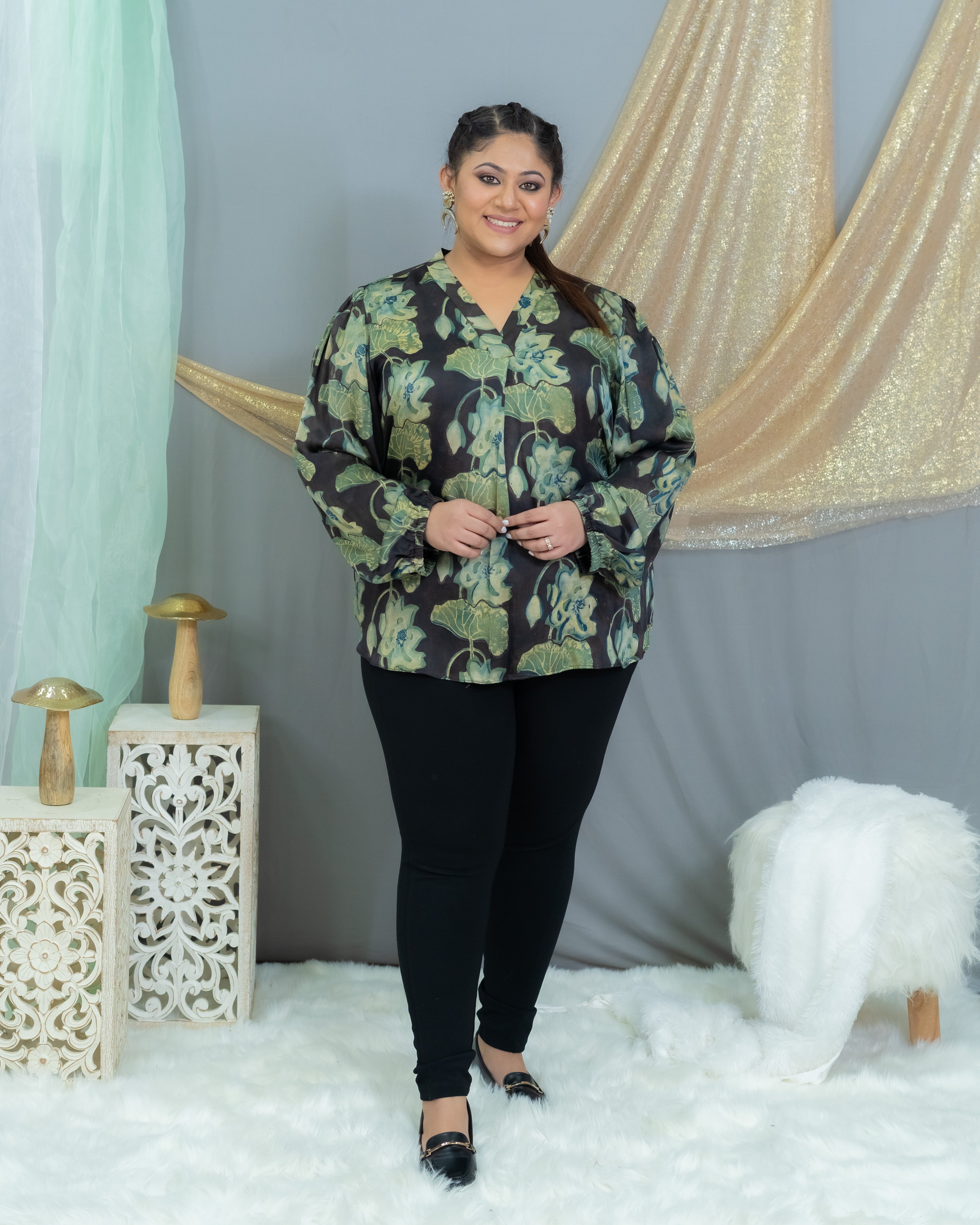 Black Vanaspati Handblock Printed Modal Satin Top With Balloon Sleeves