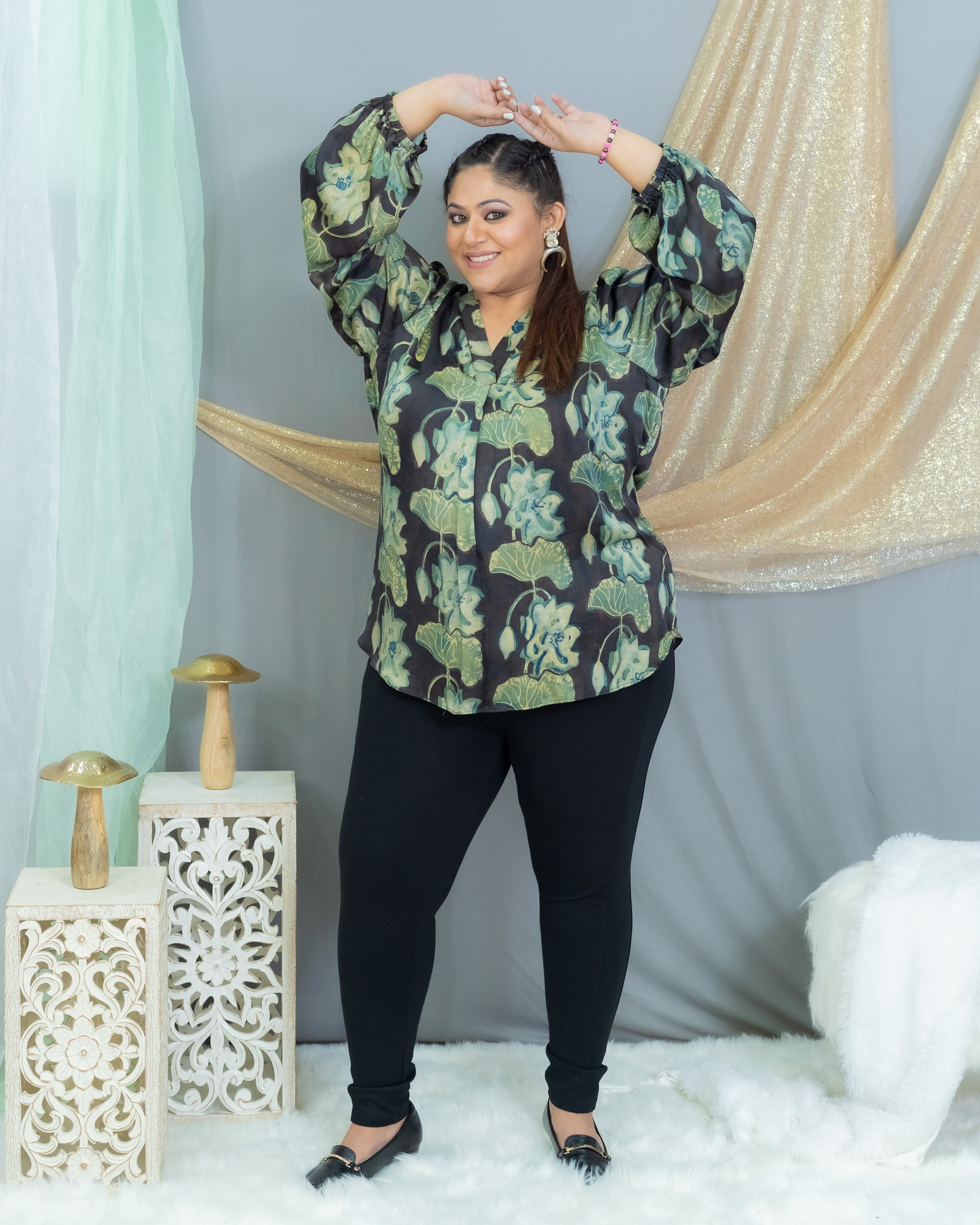 Black Vanaspati Handblock Printed Modal Satin Top With Balloon Sleeves