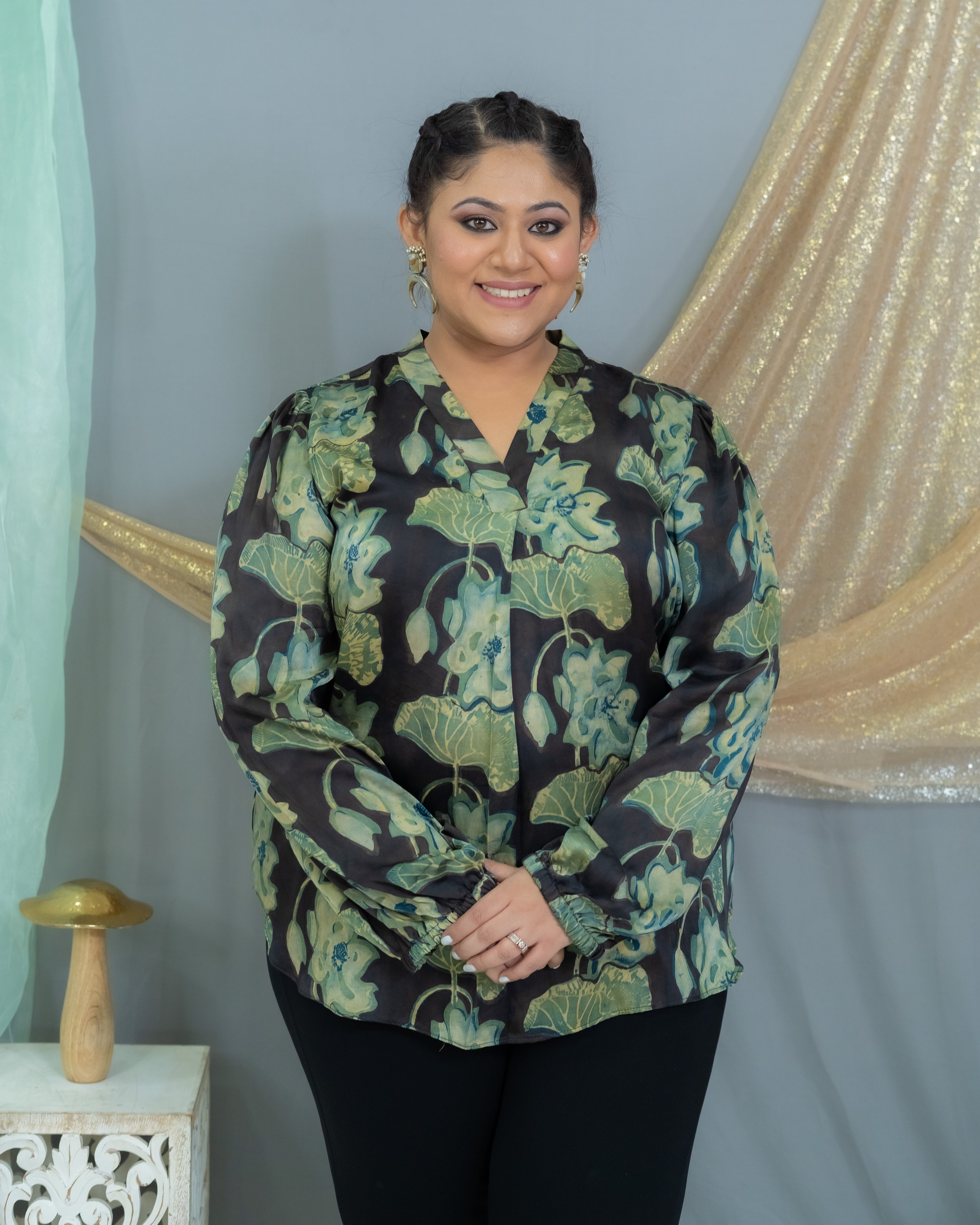 Black Vanaspati Handblock Printed Modal Satin Top With Balloon Sleeves