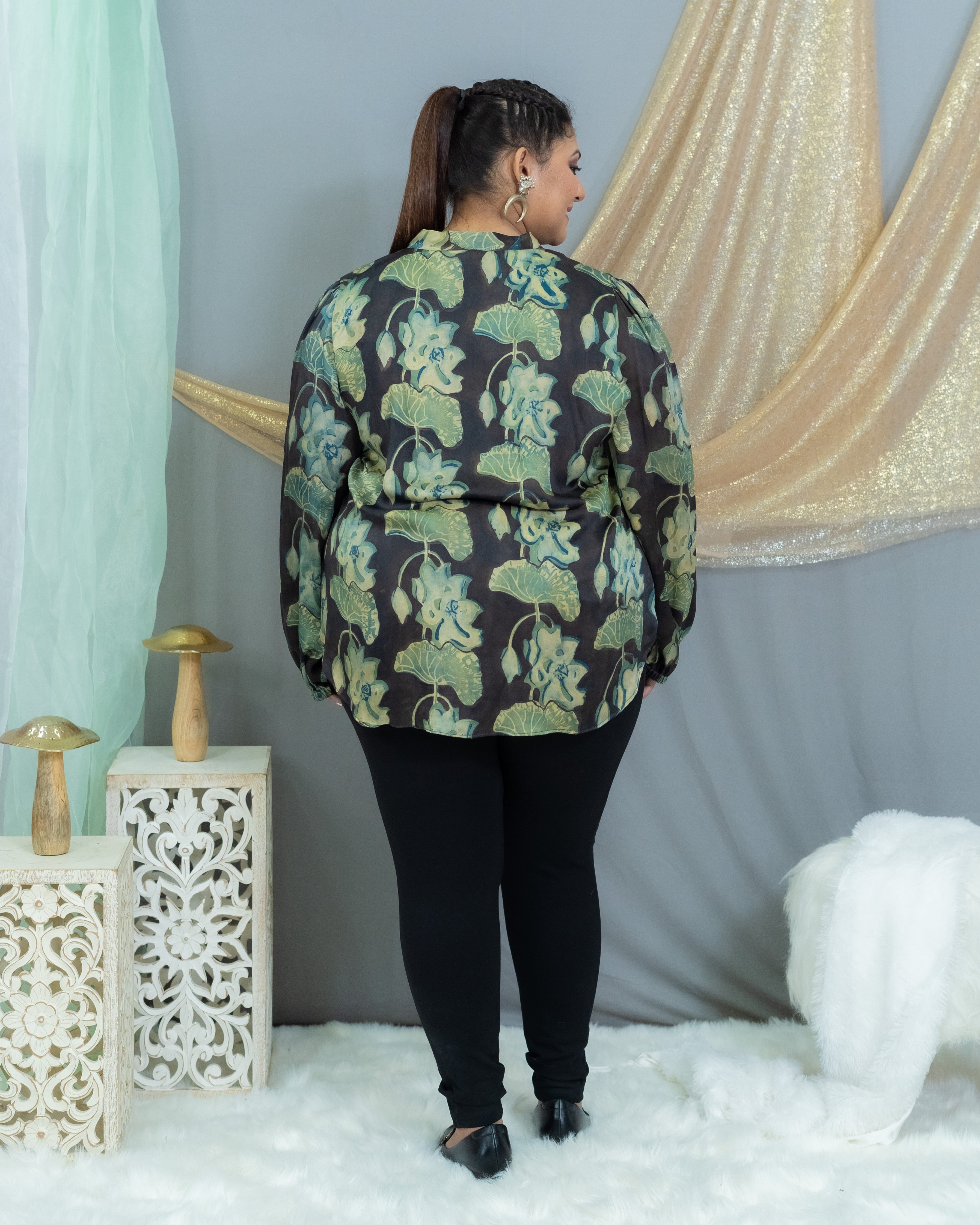 Black Vanaspati Handblock Printed Modal Satin Top With Balloon Sleeves