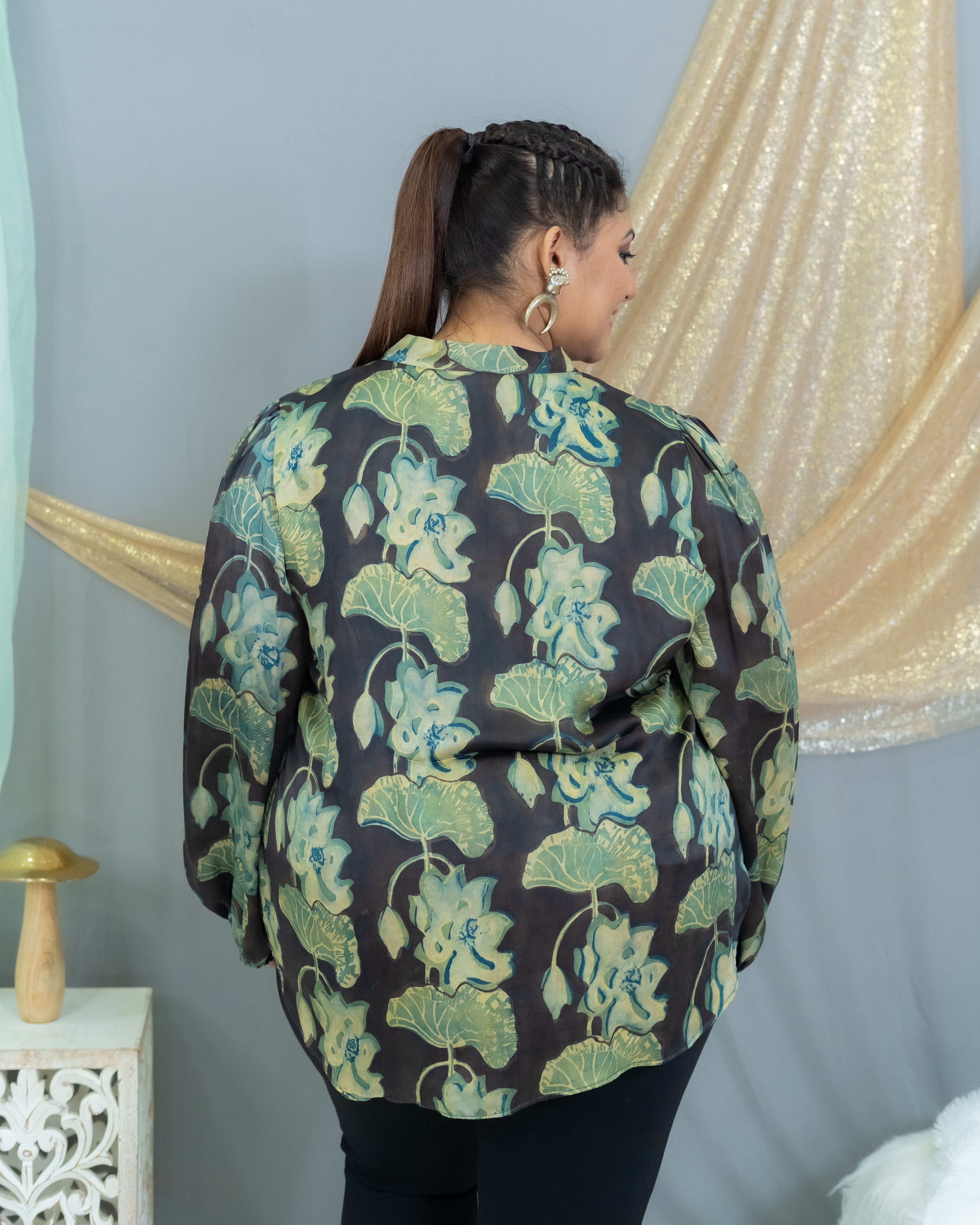 Black Vanaspati Handblock Printed Modal Satin Top With Balloon Sleeves