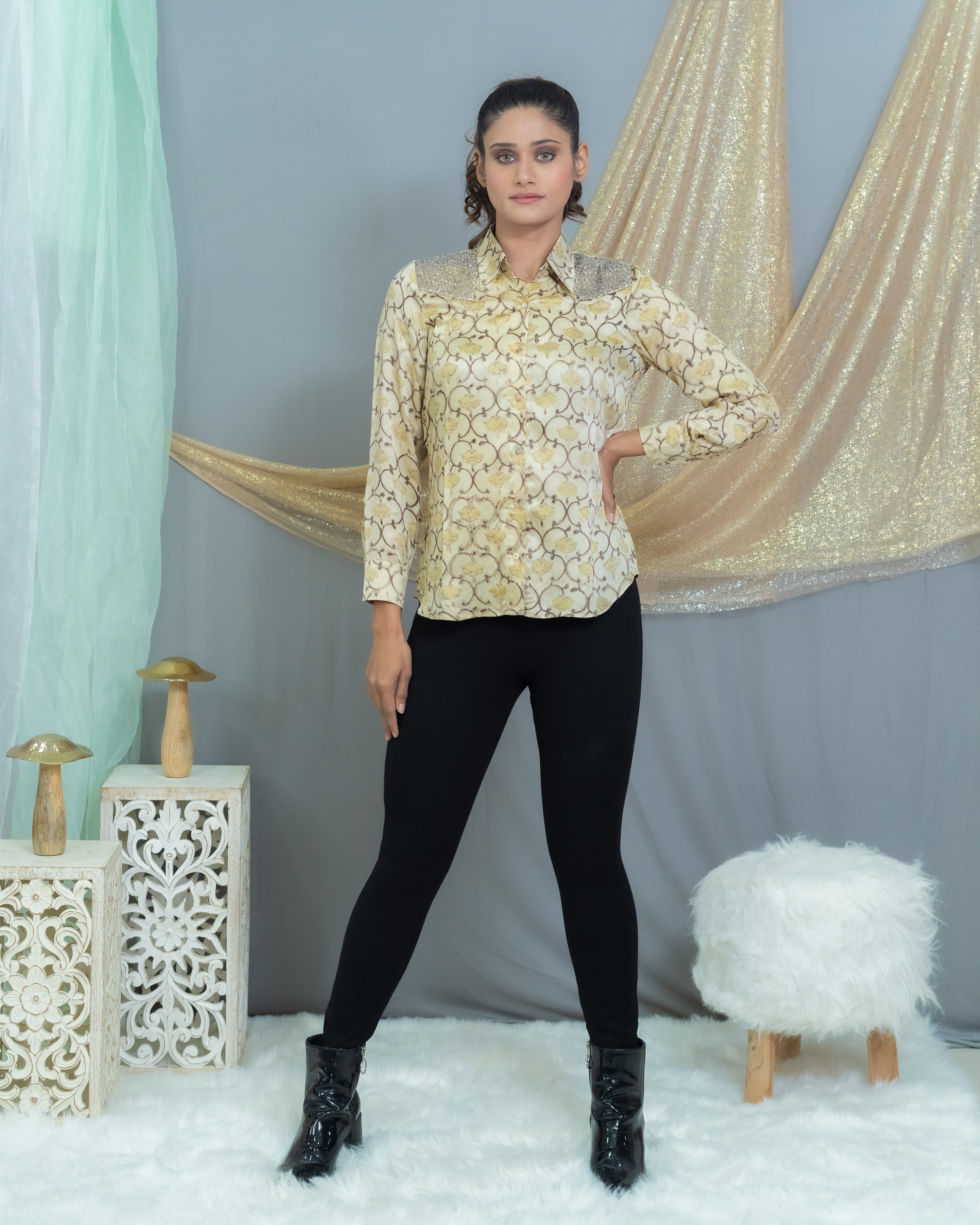 Beige vanaspati Handblock printed modal satin shirt with sequin
