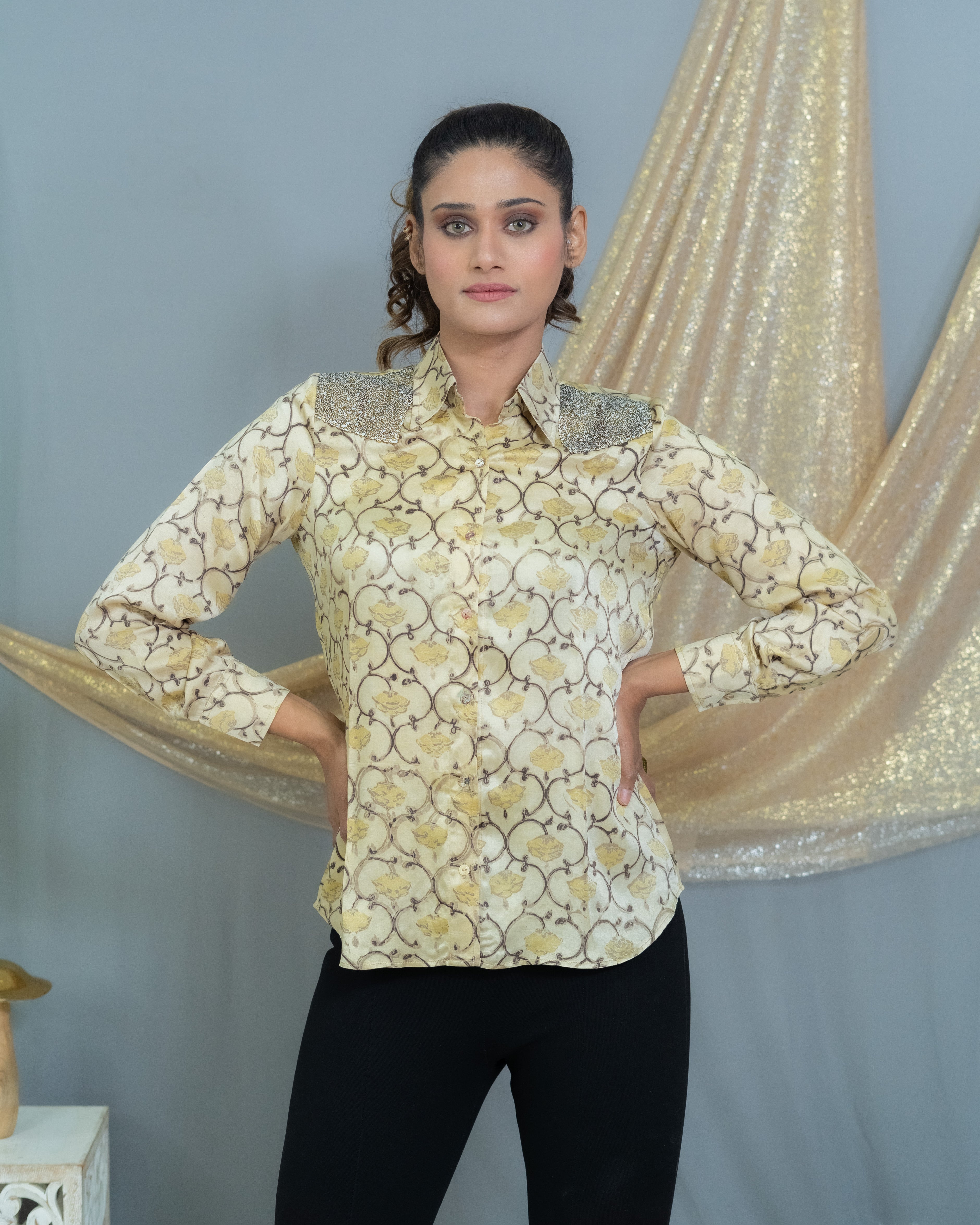 Beige vanaspati Handblock printed modal satin shirt with sequin