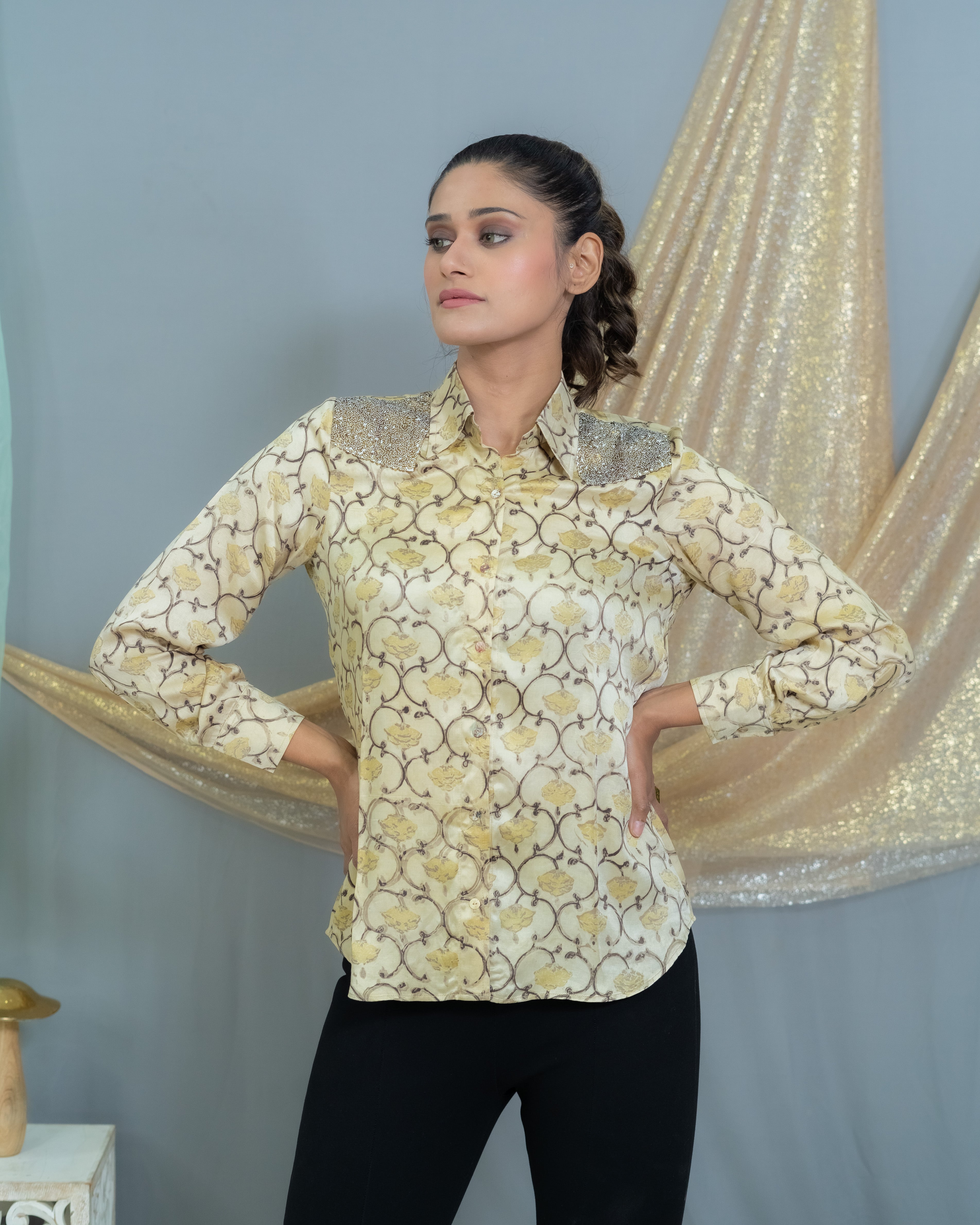 Beige vanaspati Handblock printed modal satin shirt with sequin