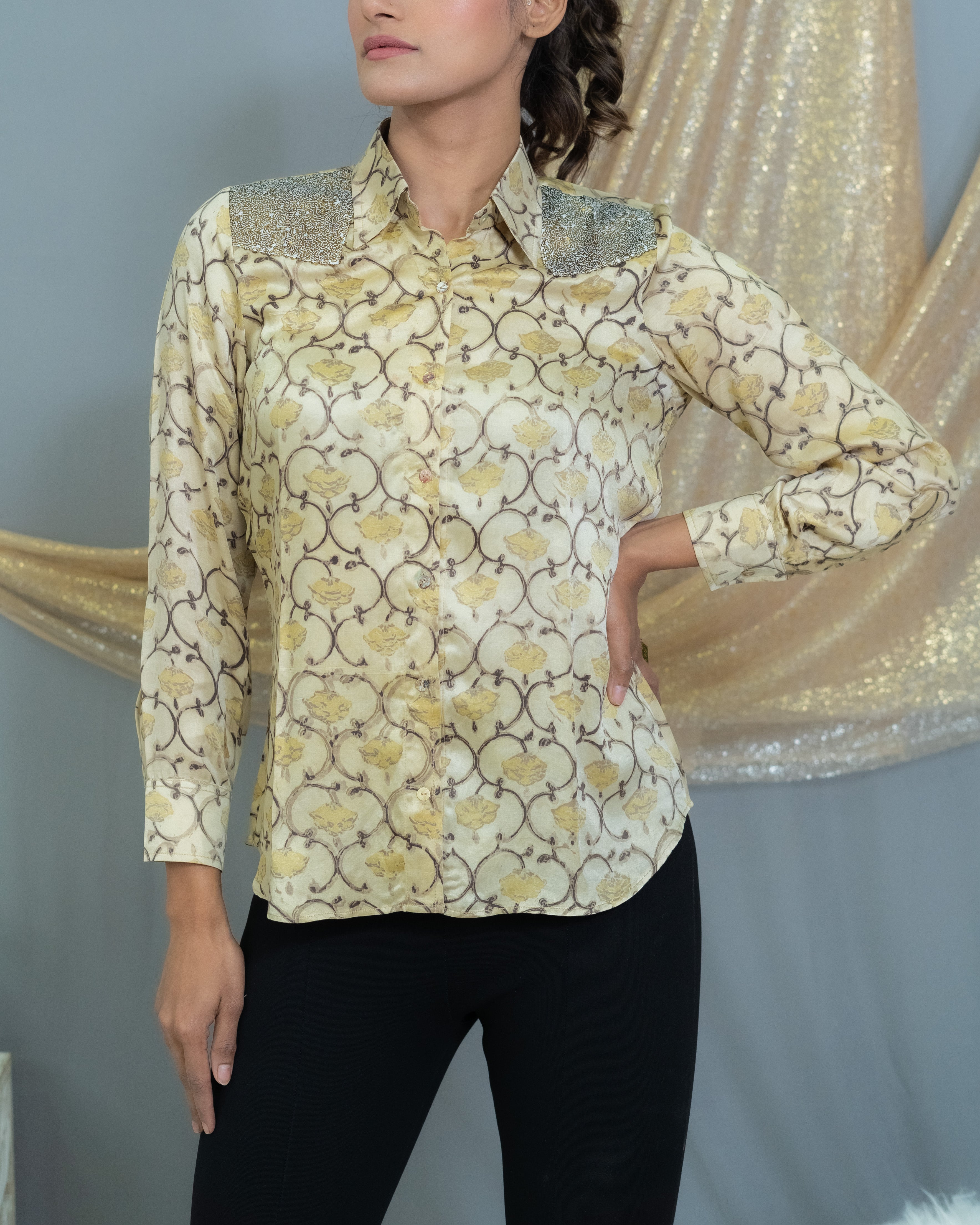 Beige vanaspati Handblock printed modal satin shirt with sequin