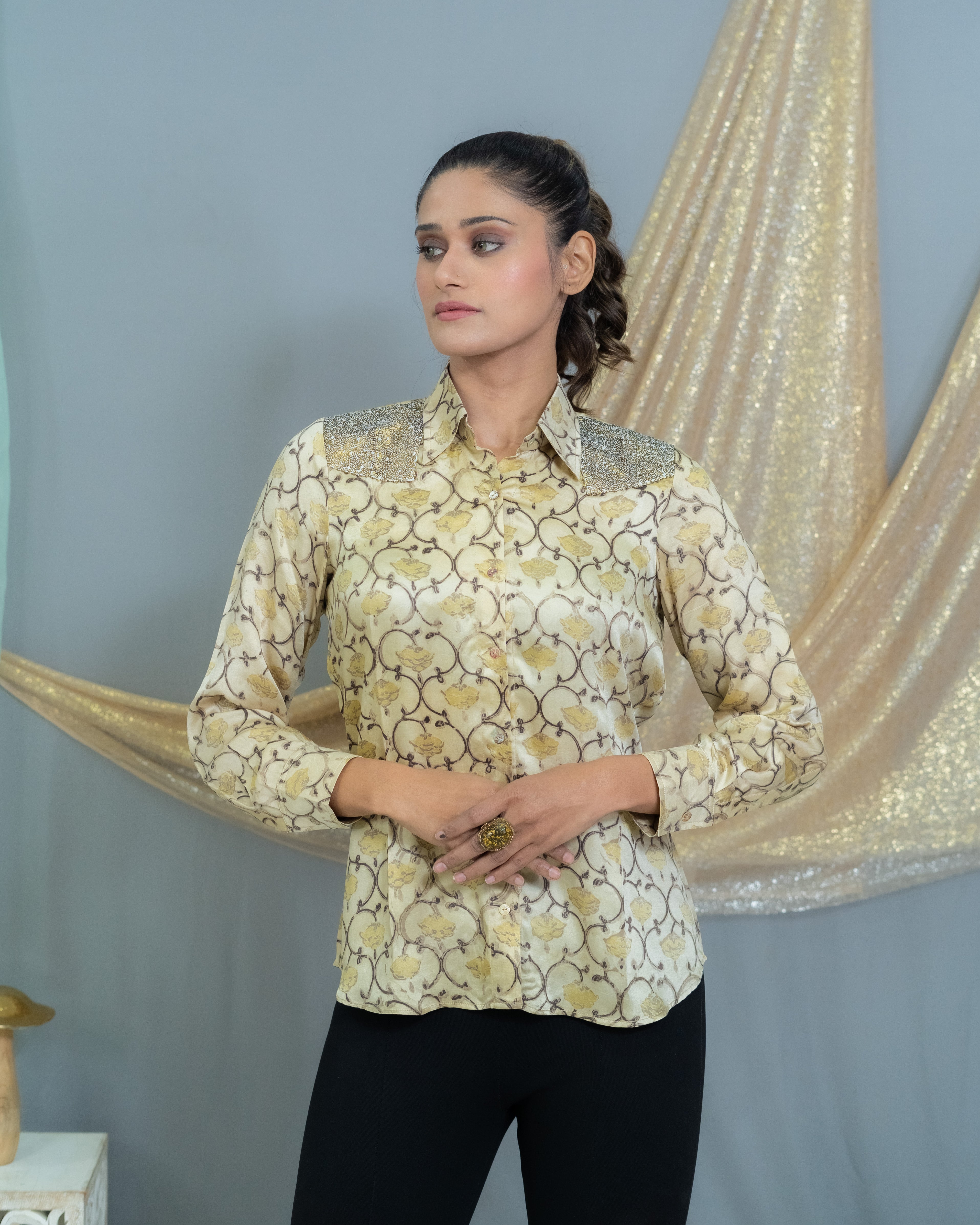 Beige vanaspati Handblock printed modal satin shirt with sequin