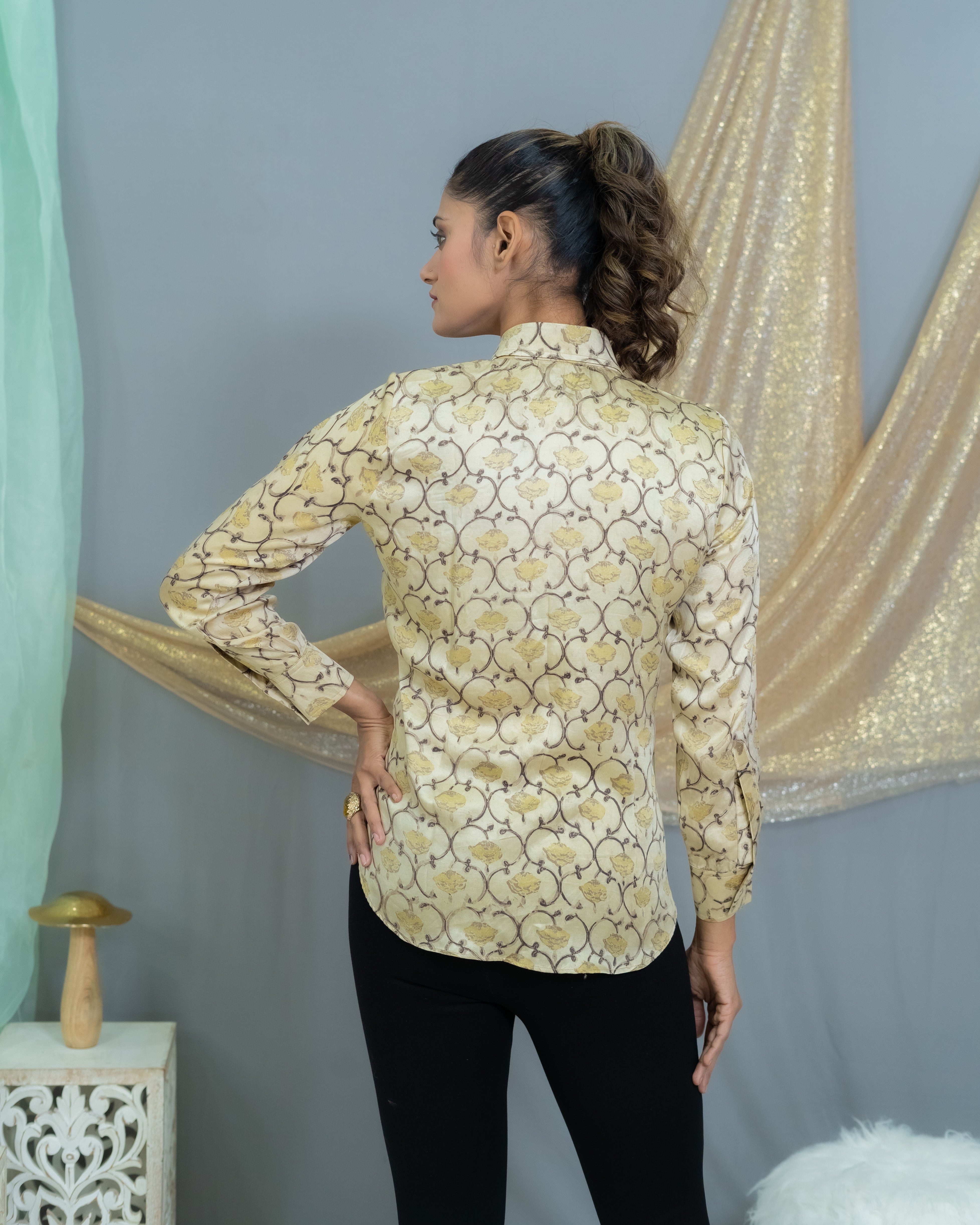 Beige vanaspati Handblock printed modal satin shirt with sequin