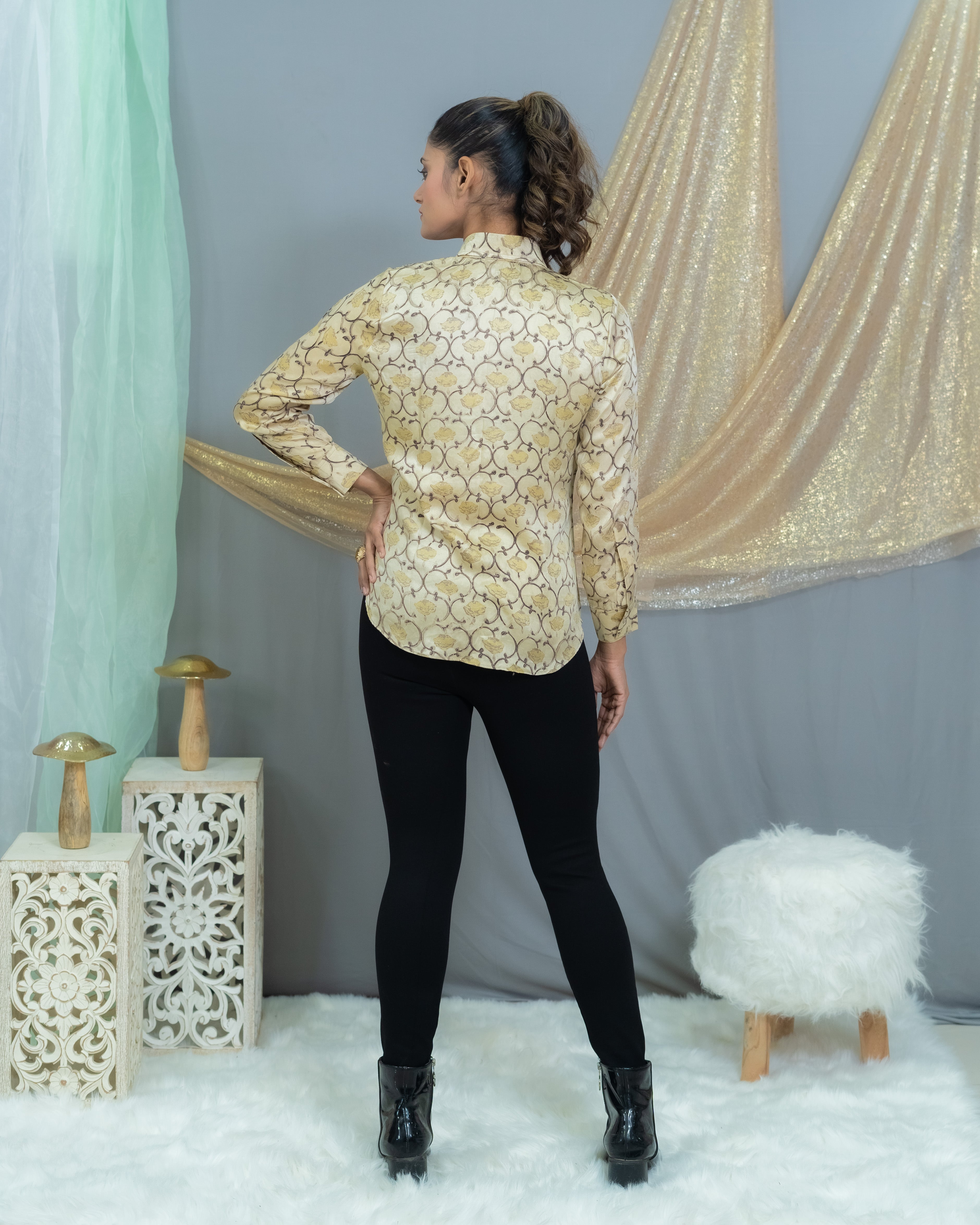 Beige vanaspati Handblock printed modal satin shirt with sequin