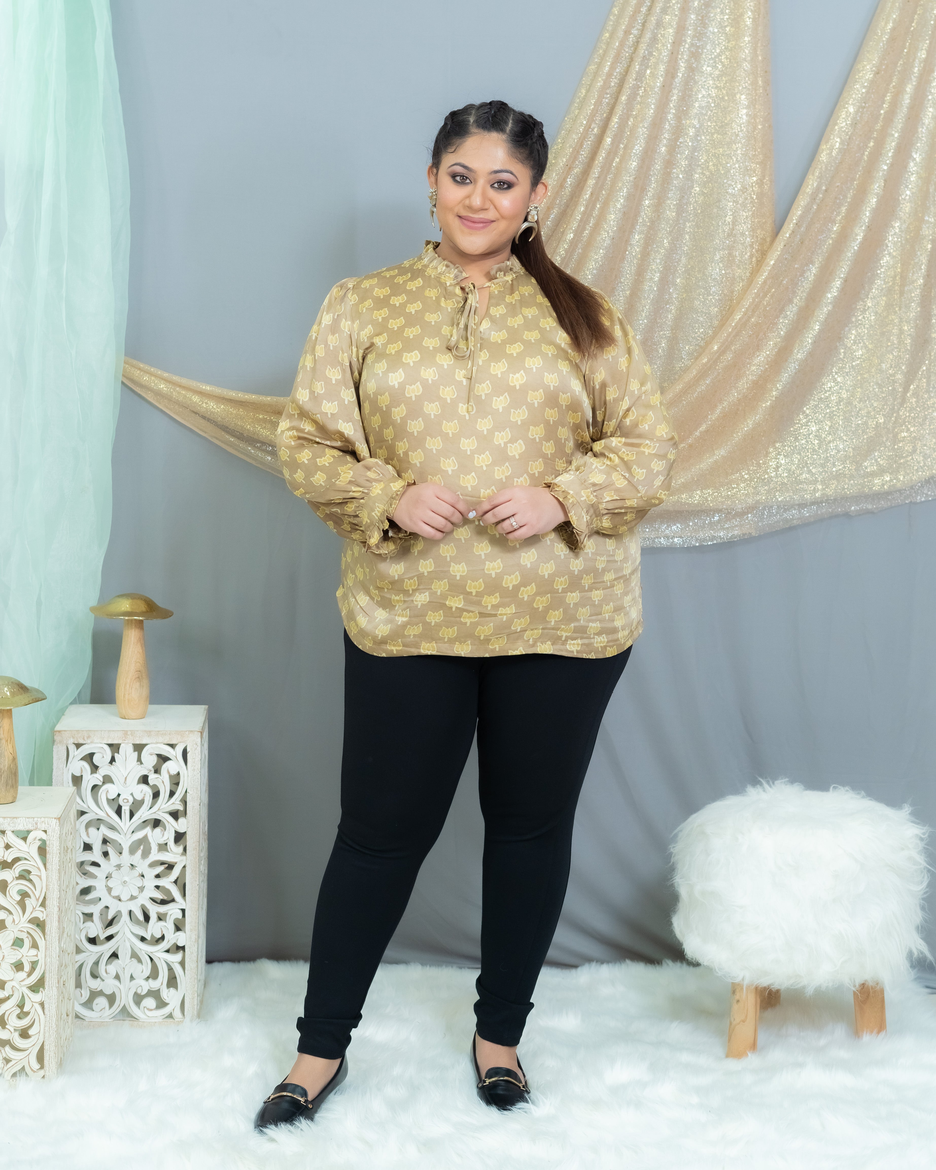 Beige vanaspati handblock printed modal satin top with  frill neck