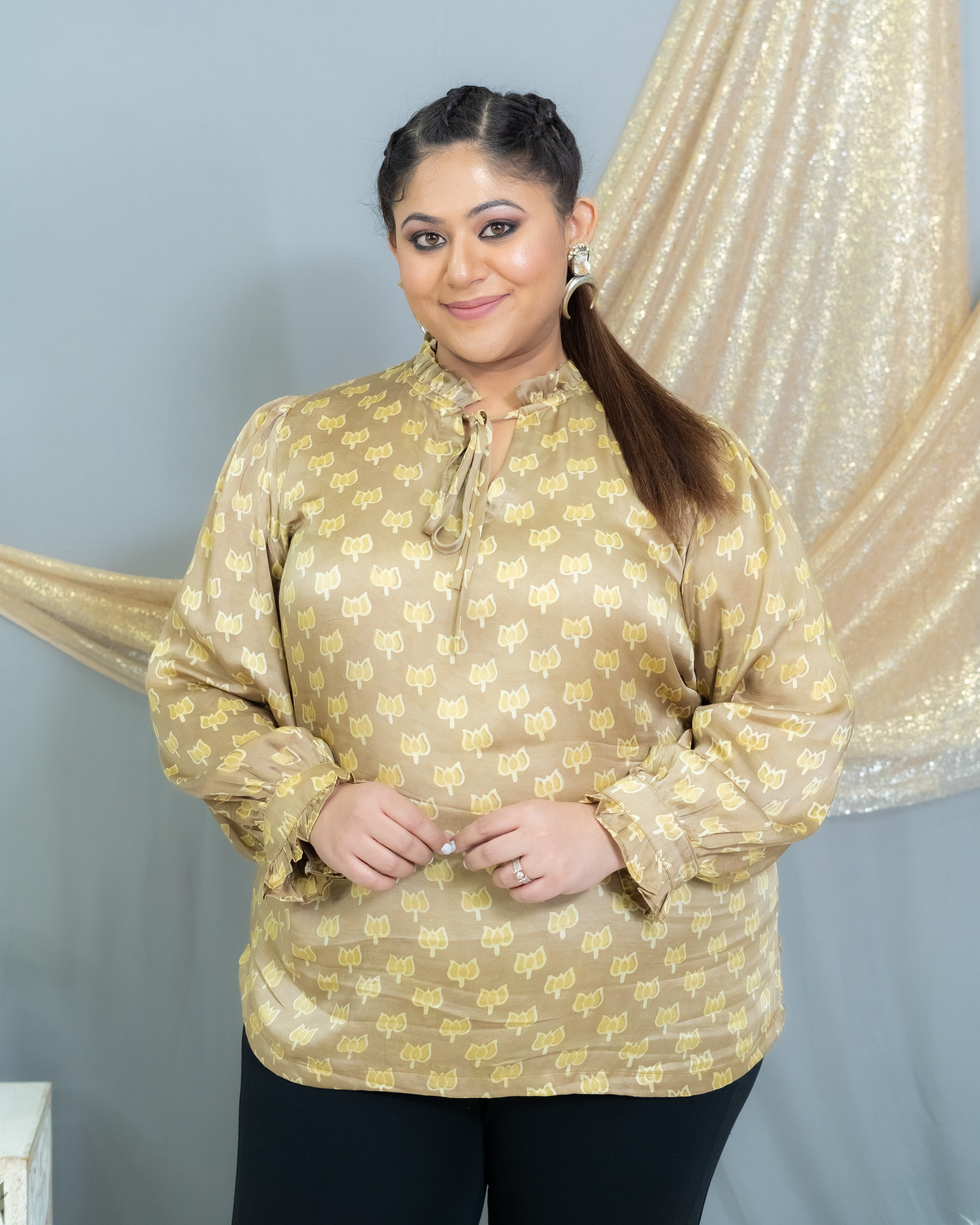 Beige vanaspati handblock printed modal satin top with  frill neck