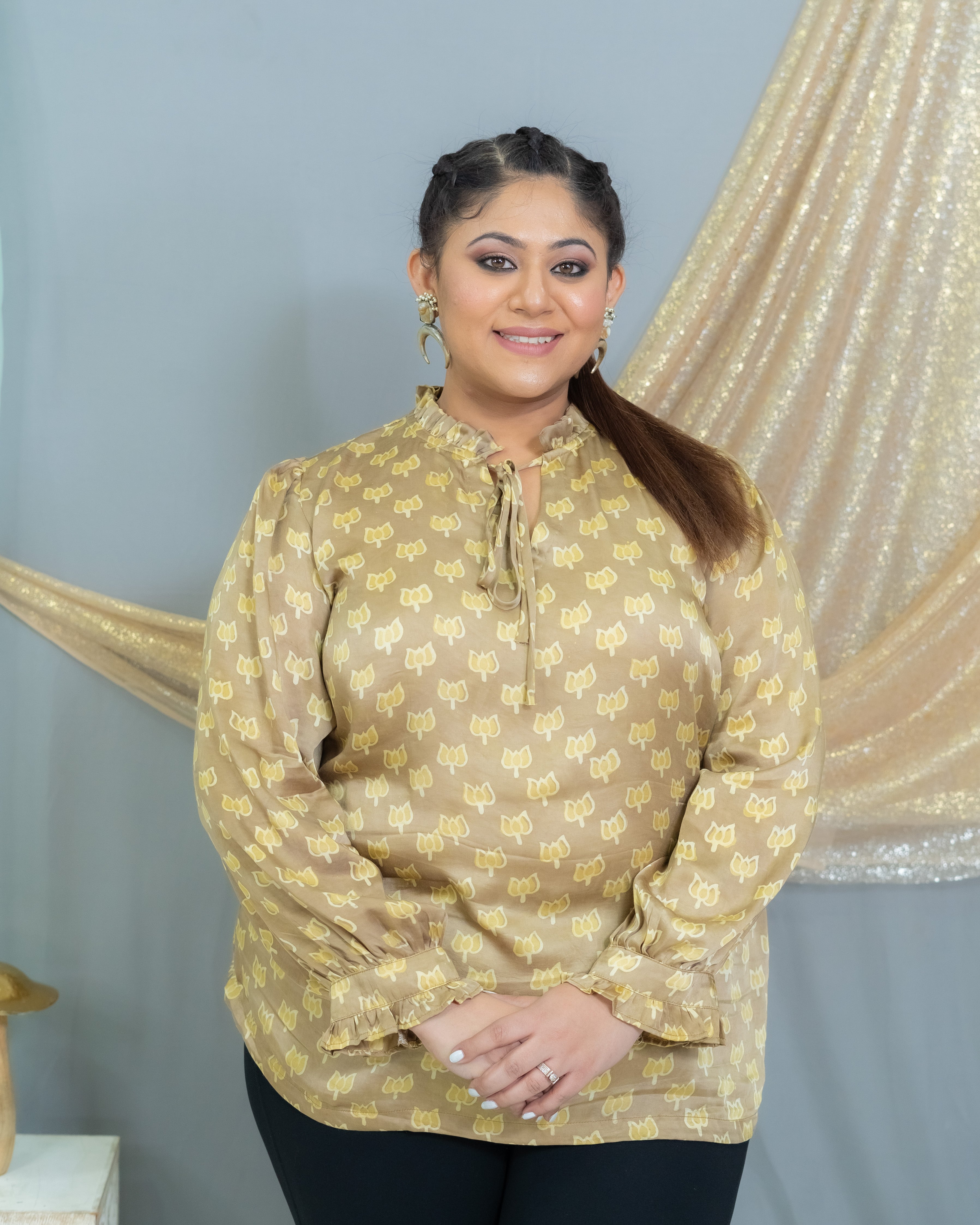 Beige vanaspati handblock printed modal satin top with  frill neck