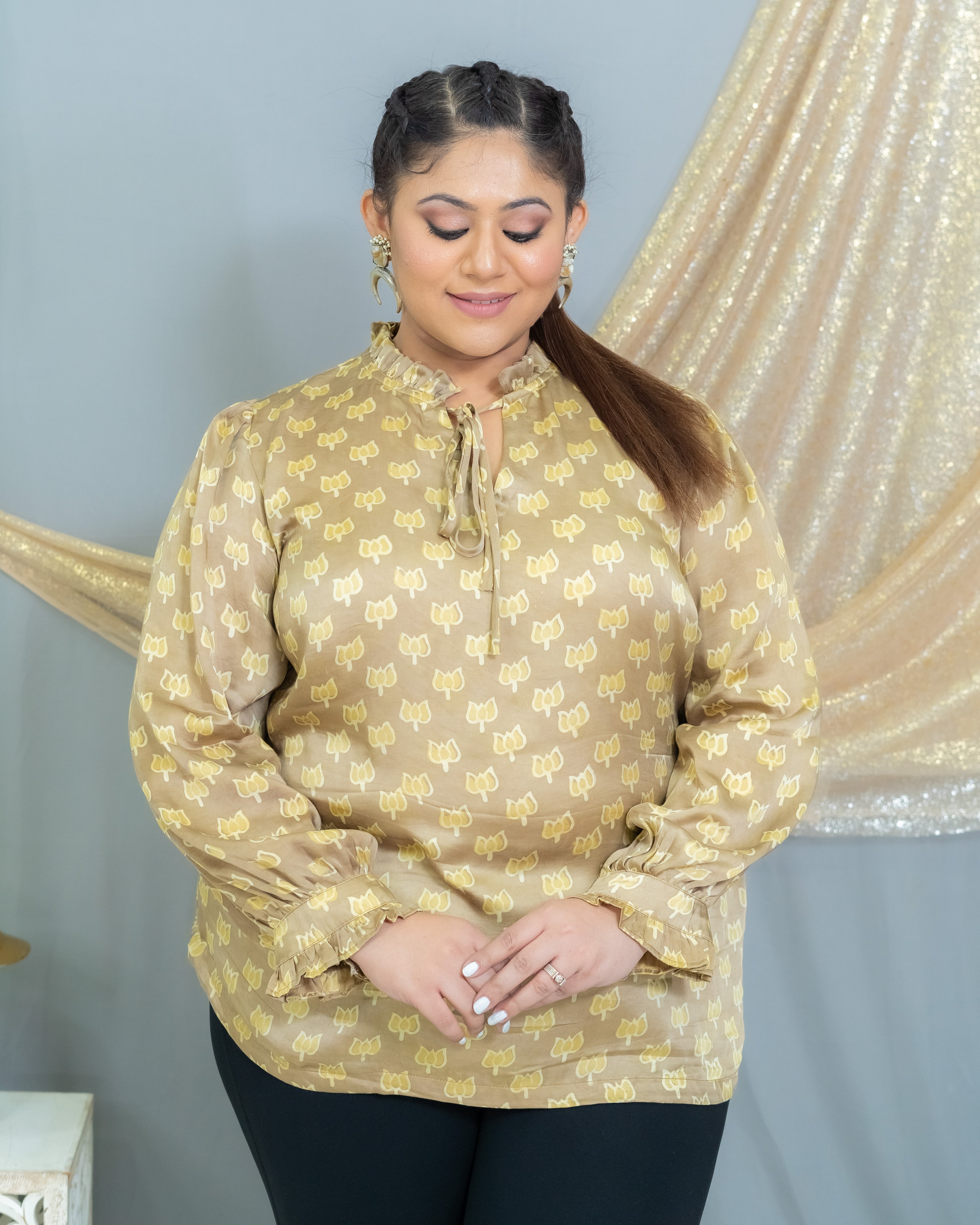 Beige vanaspati handblock printed modal satin top with  frill neck