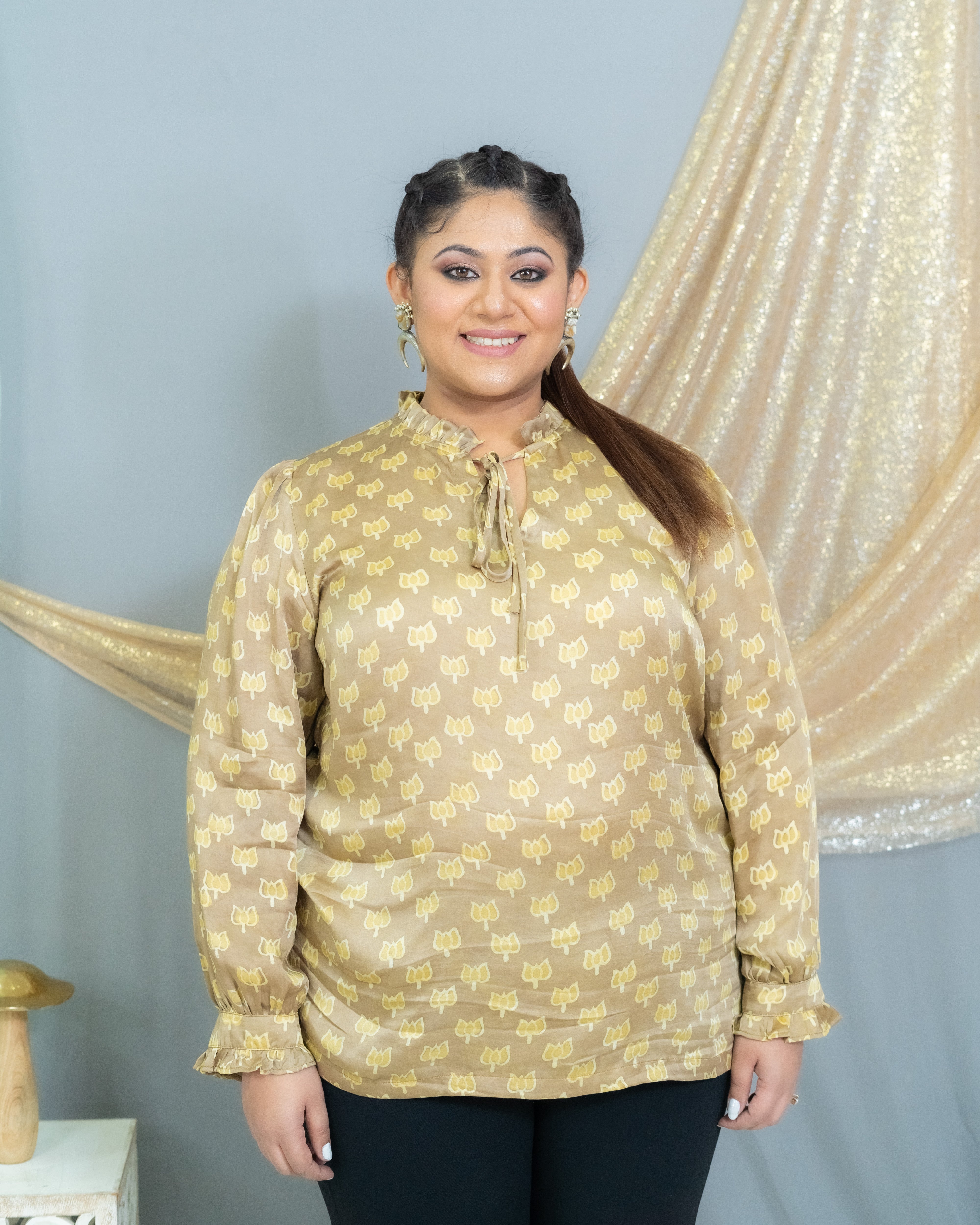 Beige vanaspati handblock printed modal satin top with  frill neck