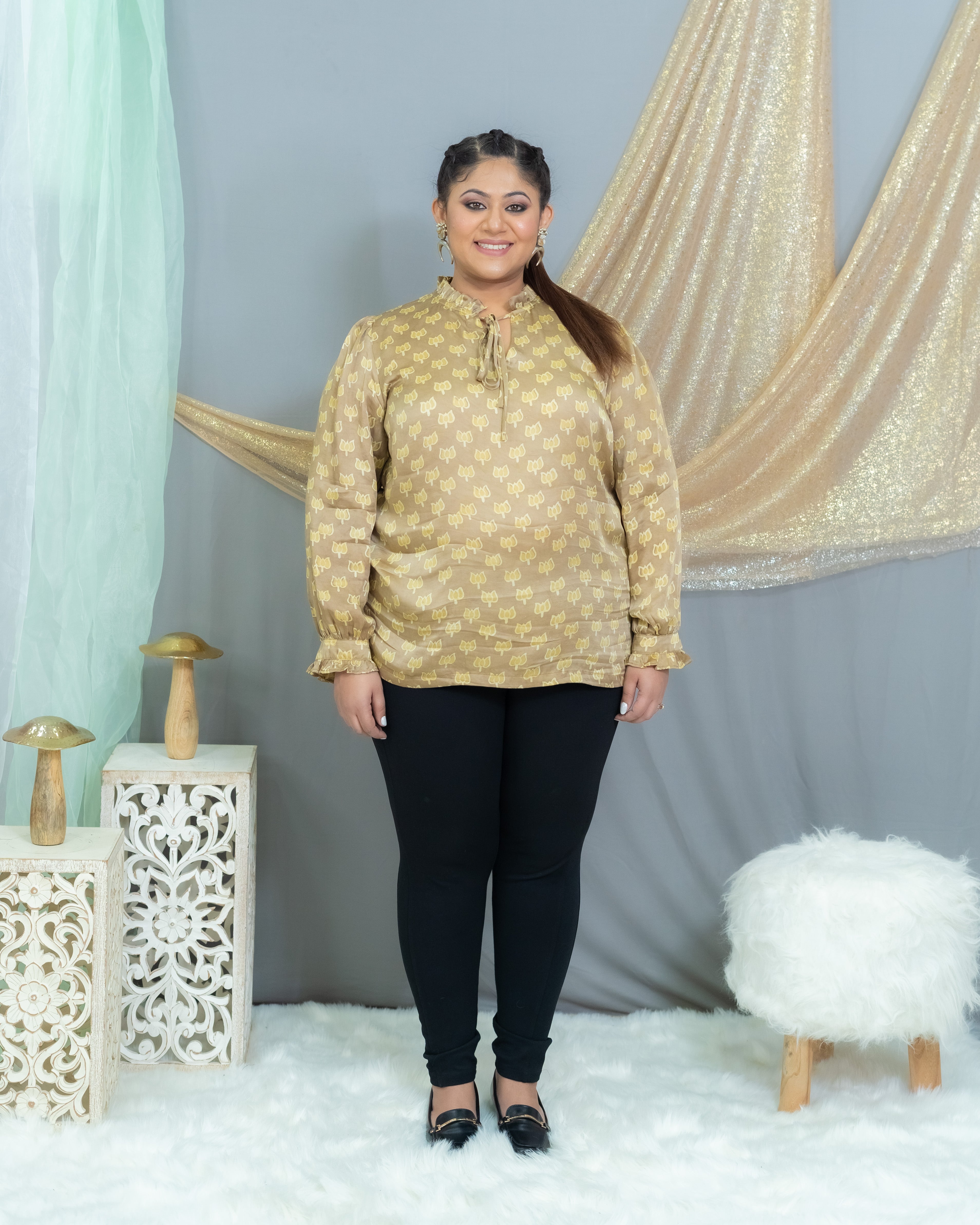 Beige vanaspati handblock printed modal satin top with  frill neck