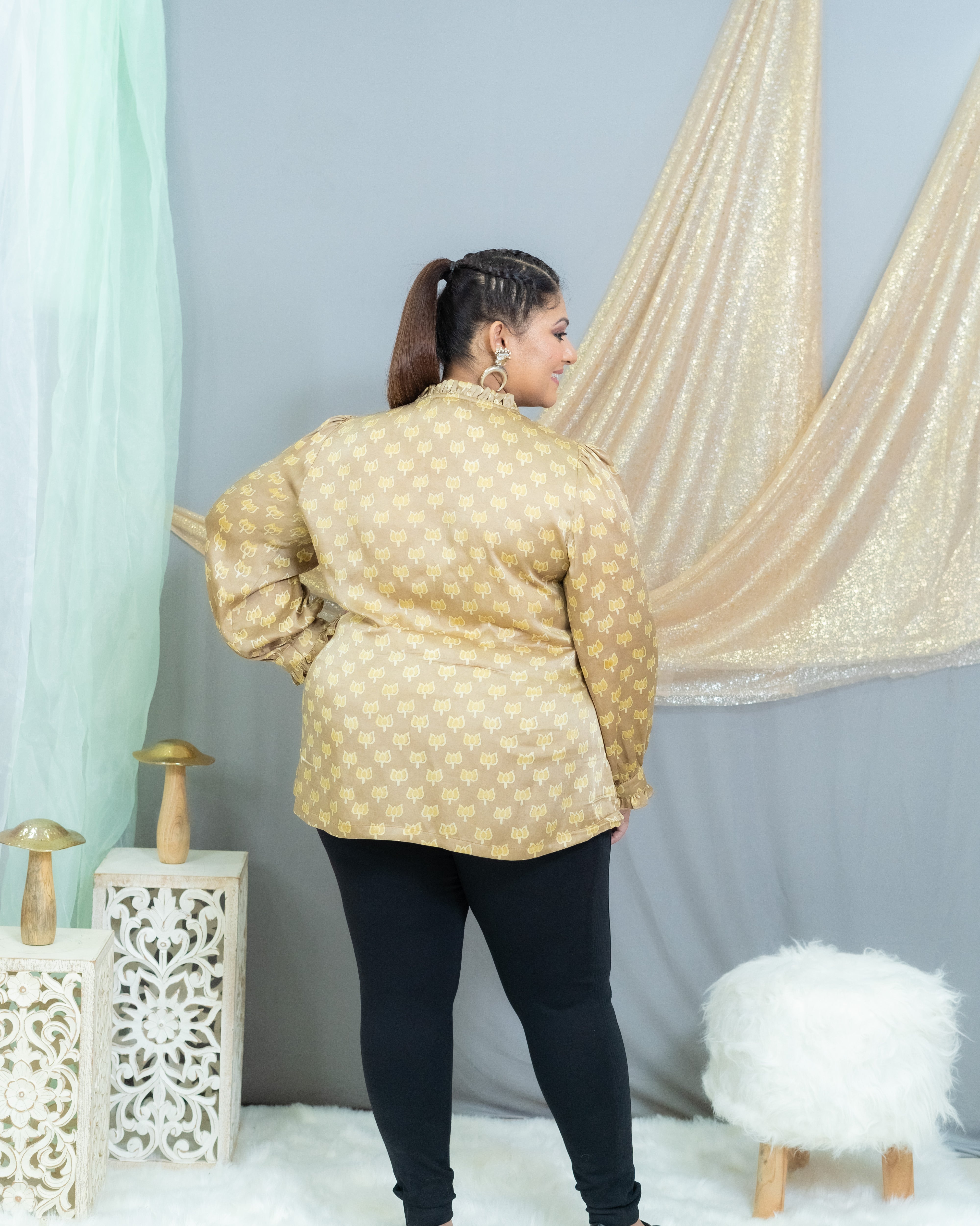 Beige vanaspati handblock printed modal satin top with  frill neck