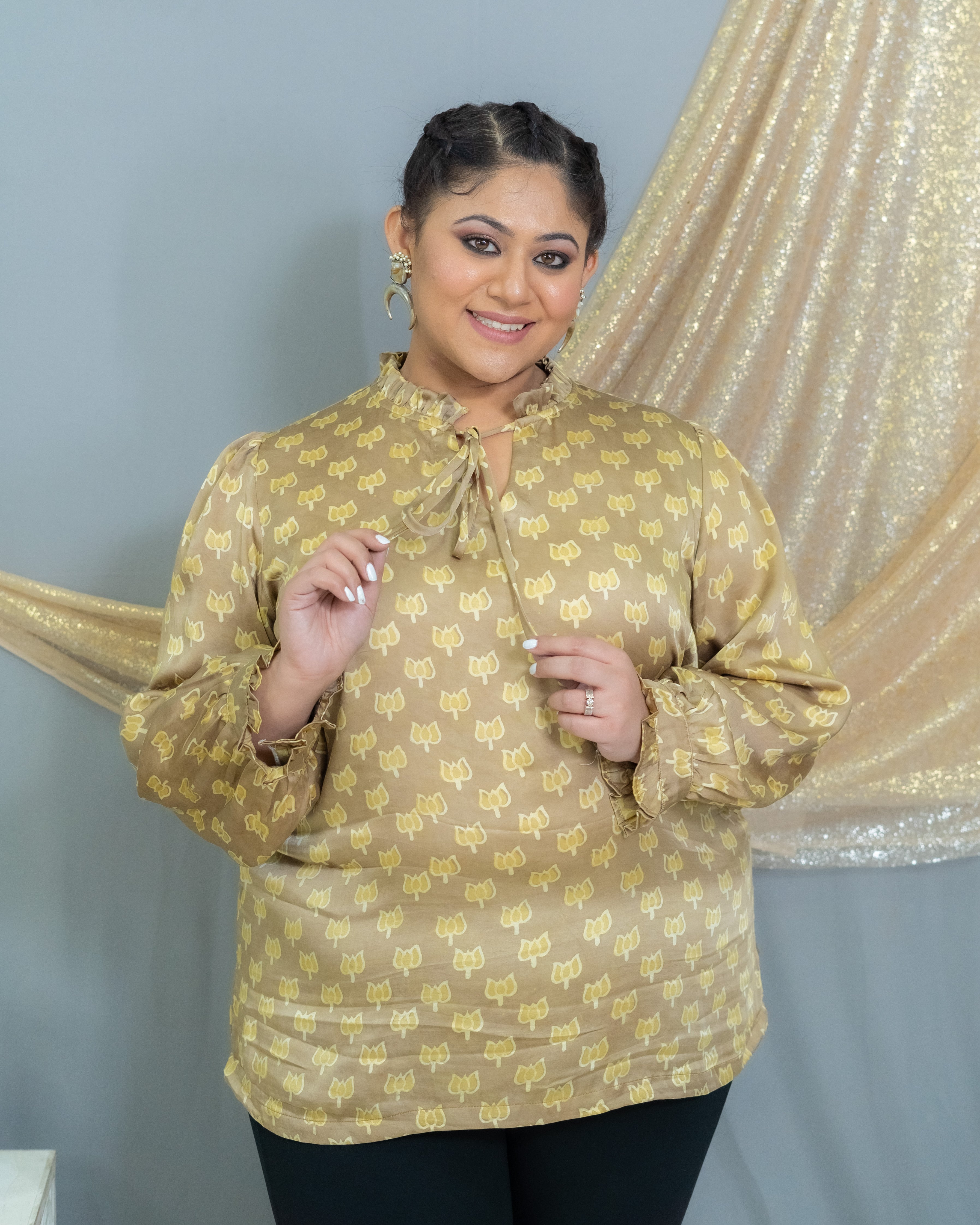 Beige vanaspati handblock printed modal satin top with  frill neck